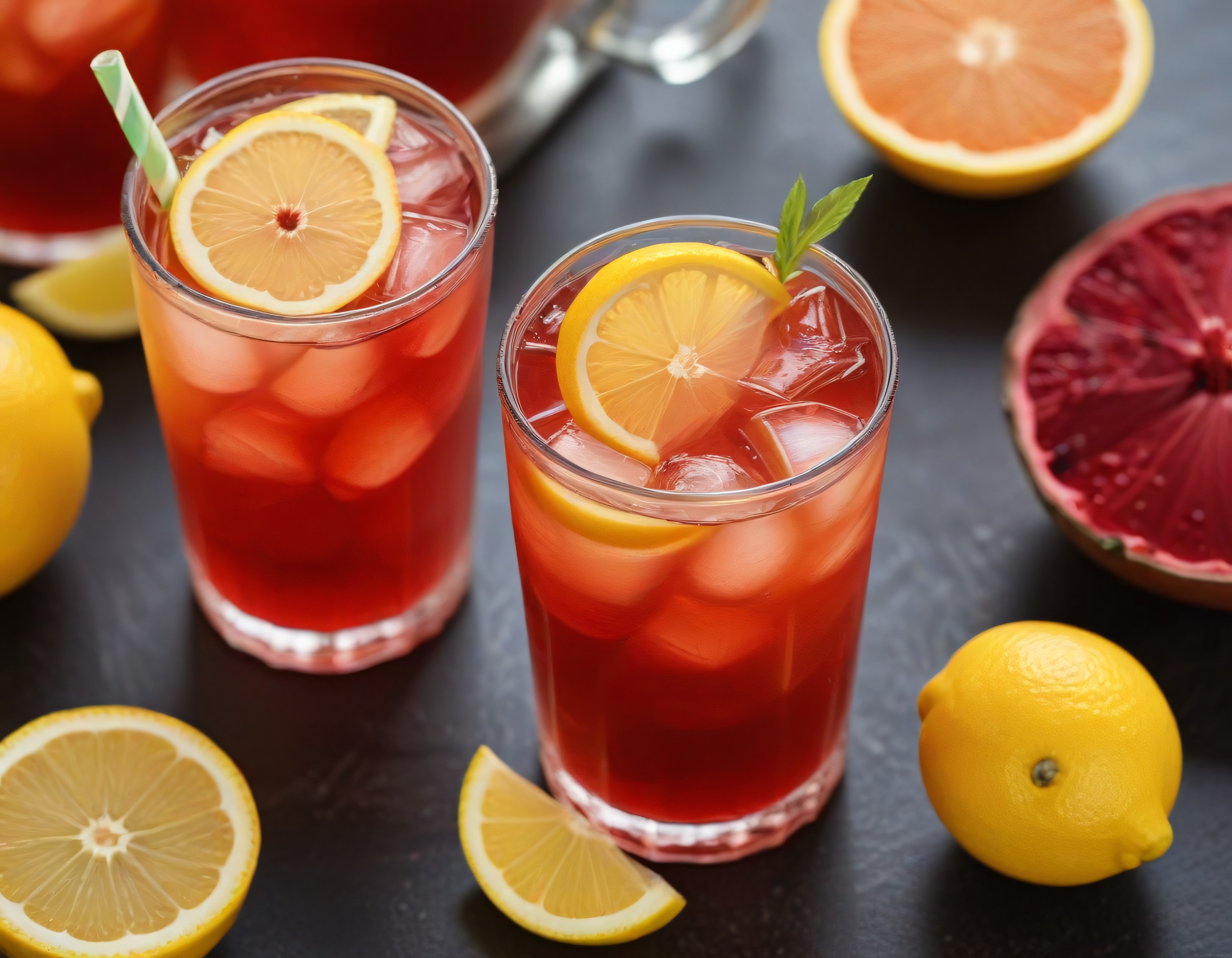 Buz Dolu Bardaklarda Taze Greyfurt ve Limonlu Serinletici İçecek