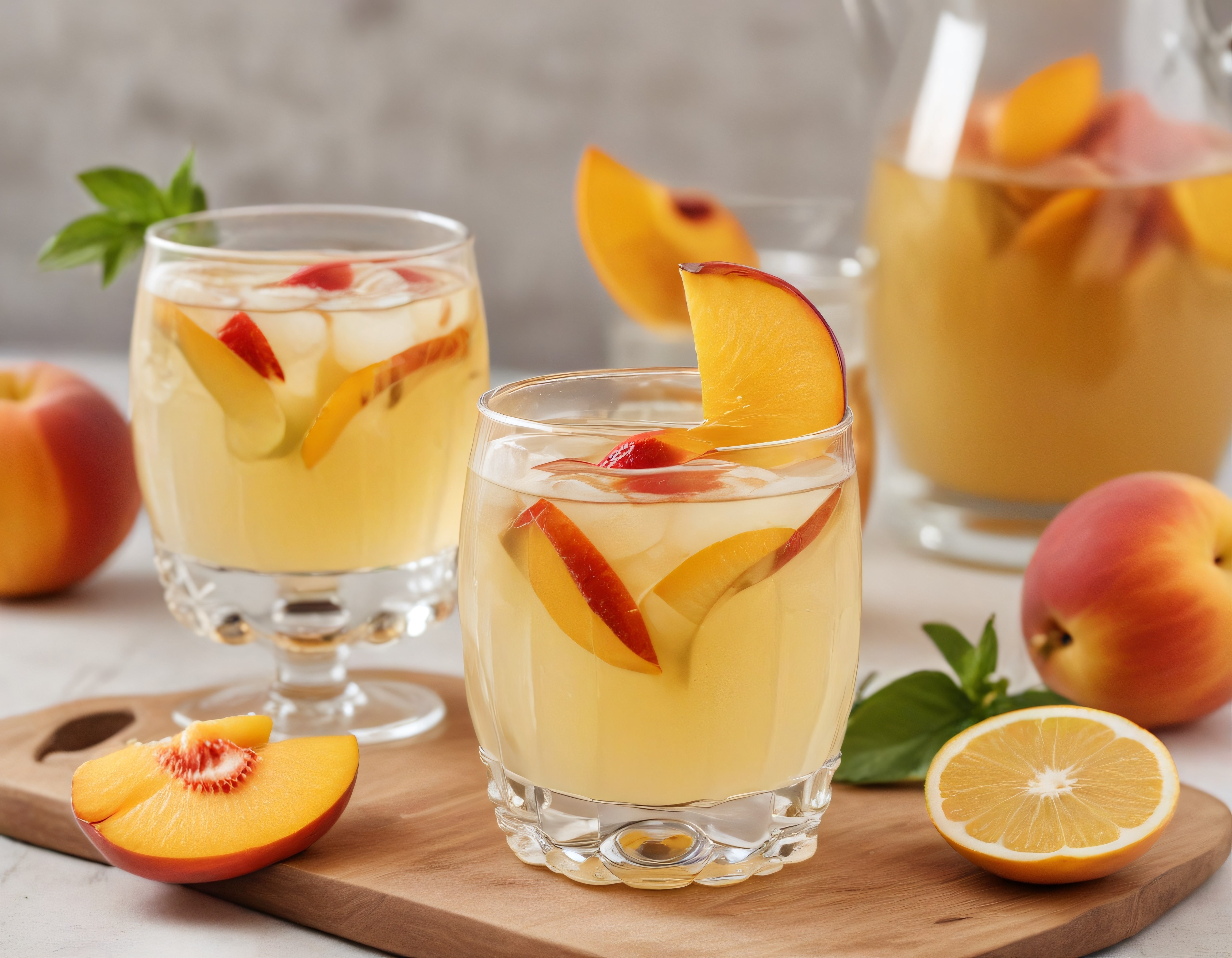 Buz Dolu Bardaklarda Taze Şeftalili Limonata ve Renkli Meyve Dilimleri