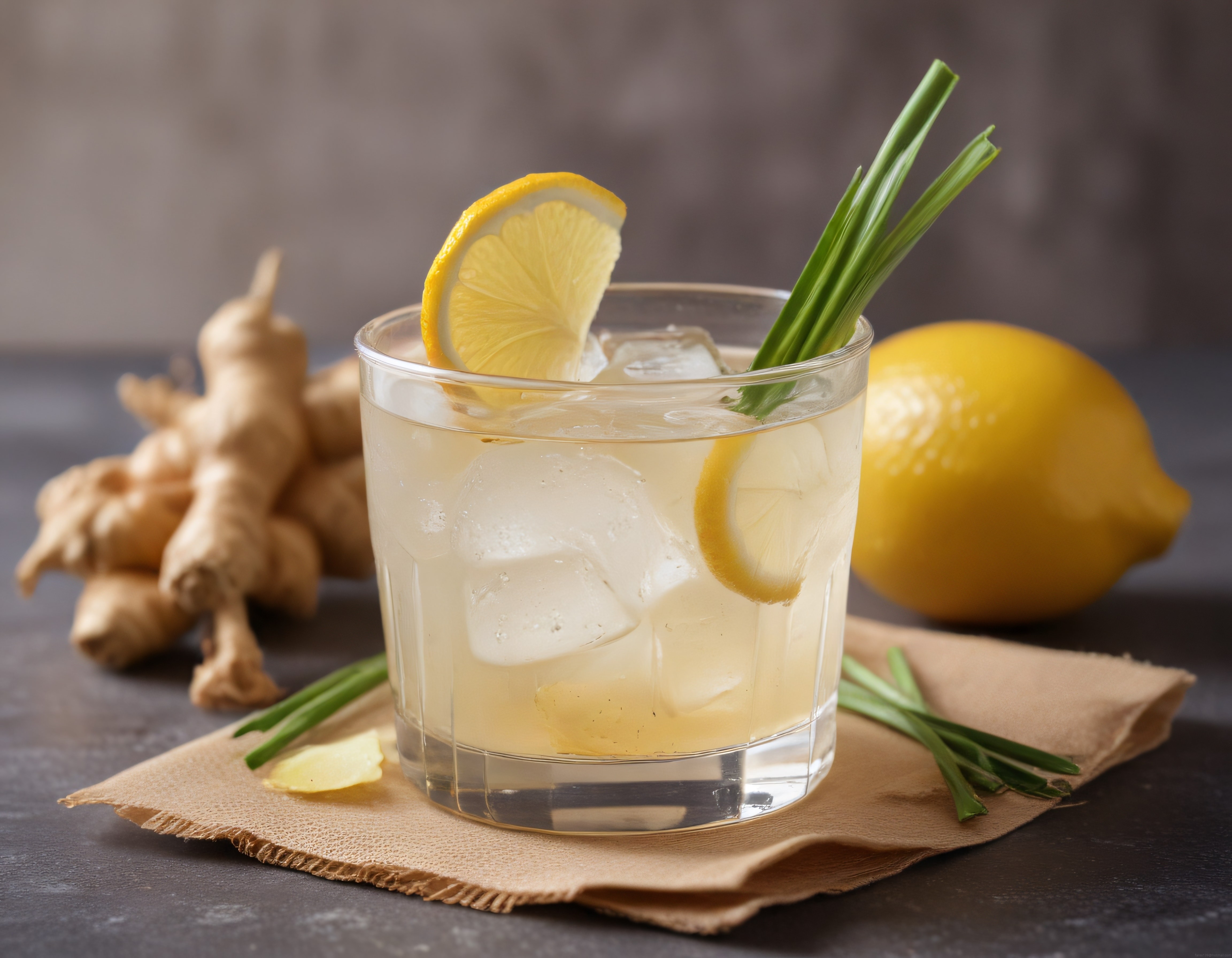 Buz Dolu Cam Bardakta Limon Dilimli Zencefilli Ferahlatıcı İçecek Sunumu
