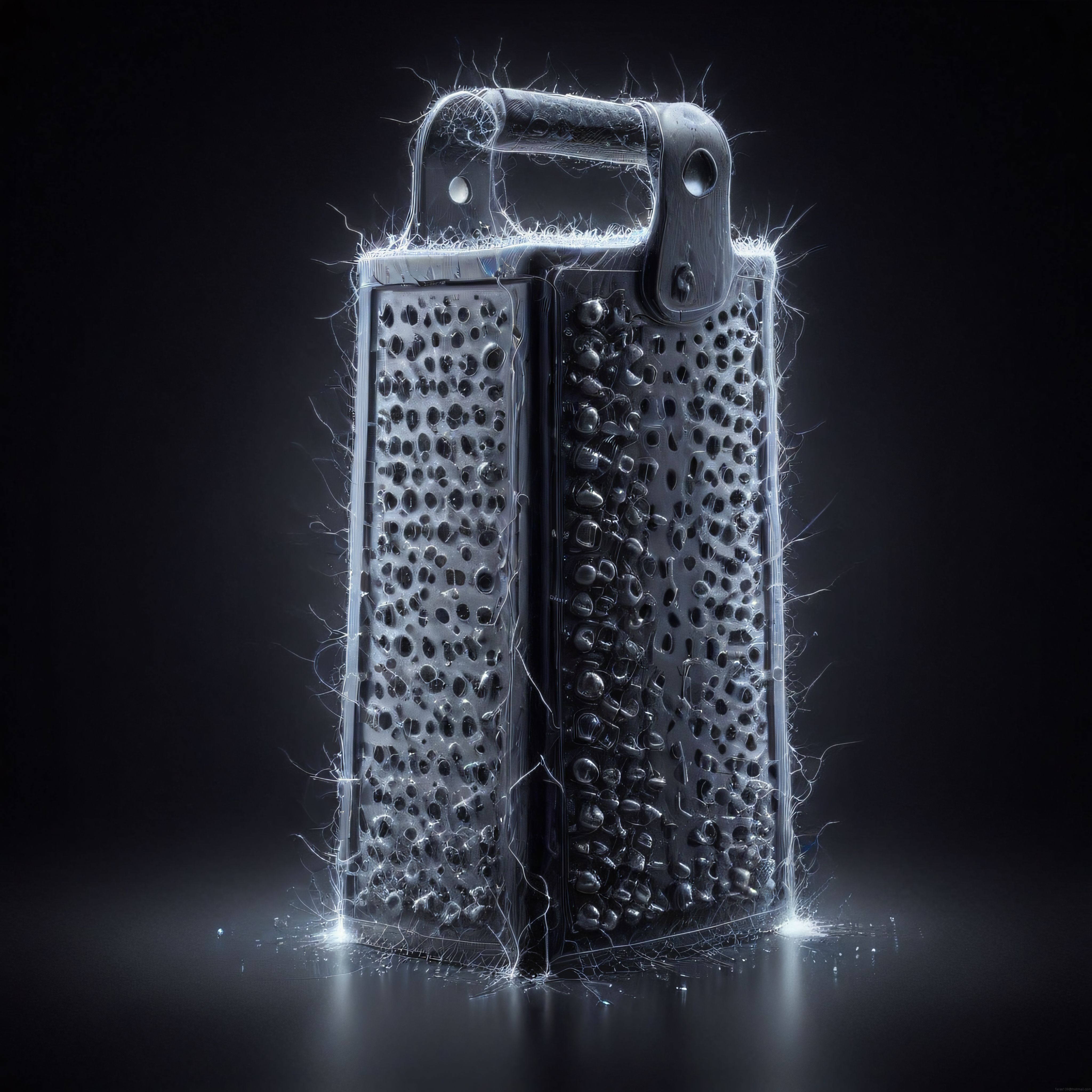 Buz ve enerji efektleriyle kaplı metal rendenin dramatik 3d render görseli