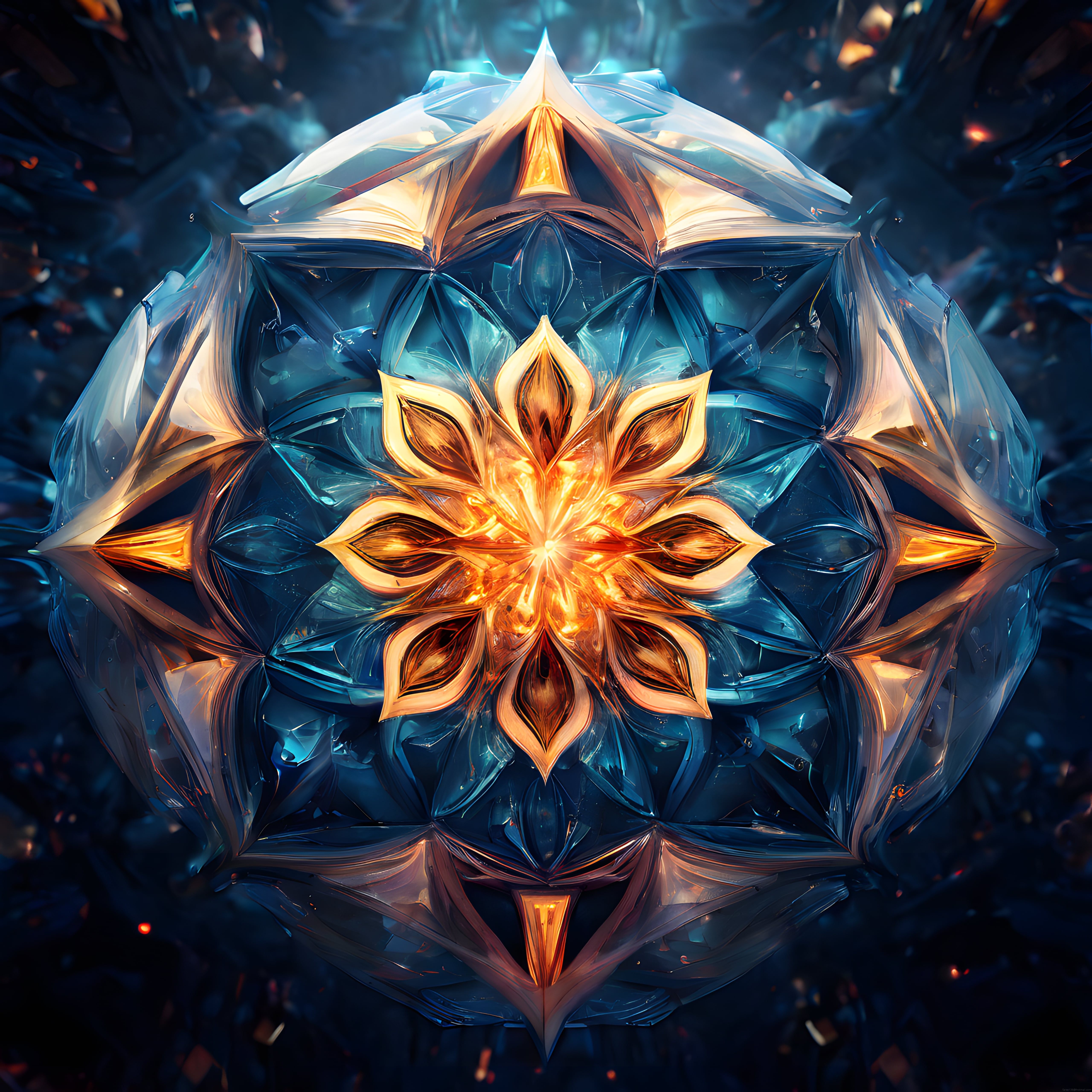 Buzdan Kristal Küre İçinde Parlayan Altın Lotus ve Fantastik Dijital Sanat