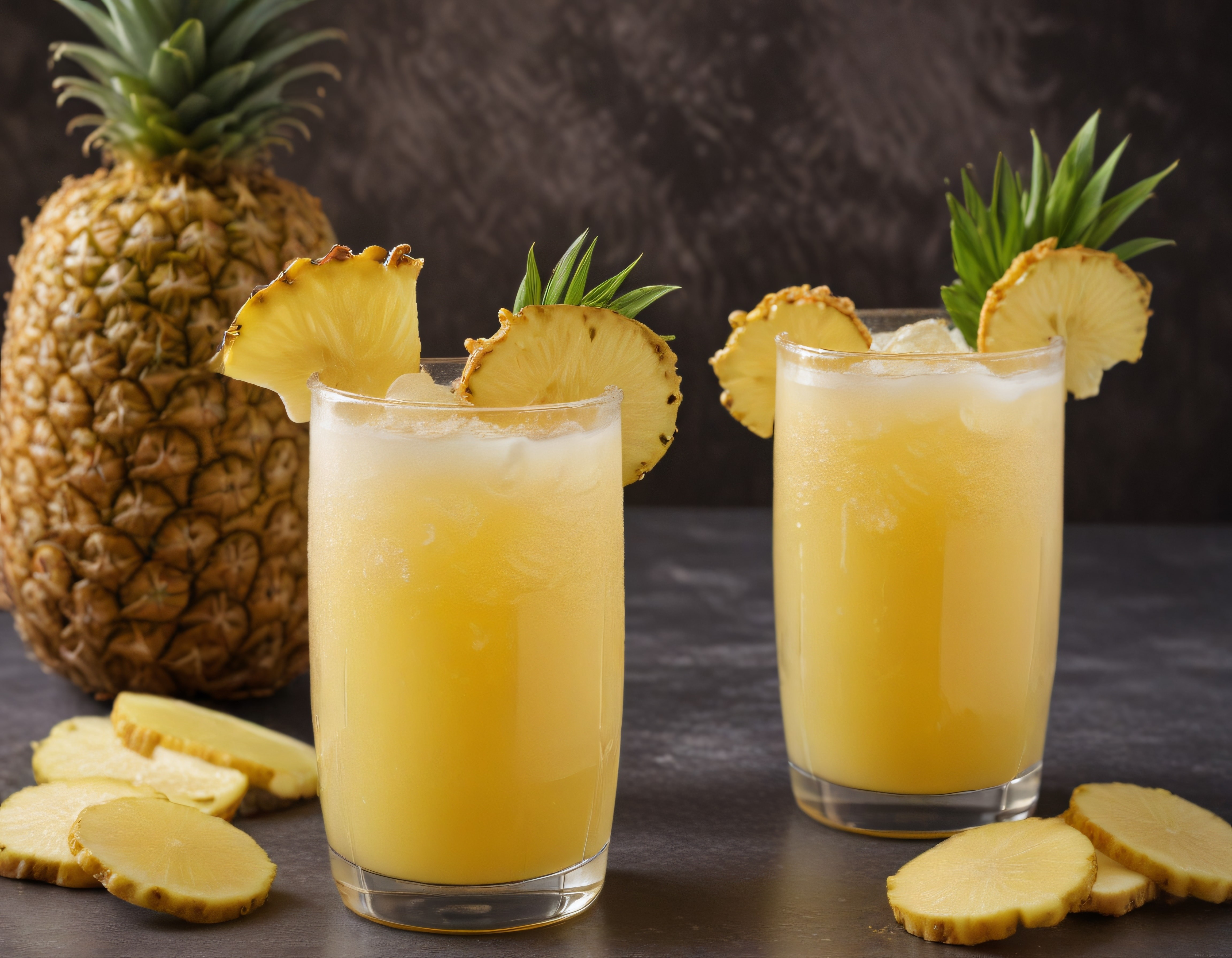 Buzlu Bardakta Taze Ananas Suyu ve Tropikal Meyve Dilimleriyle Sunum