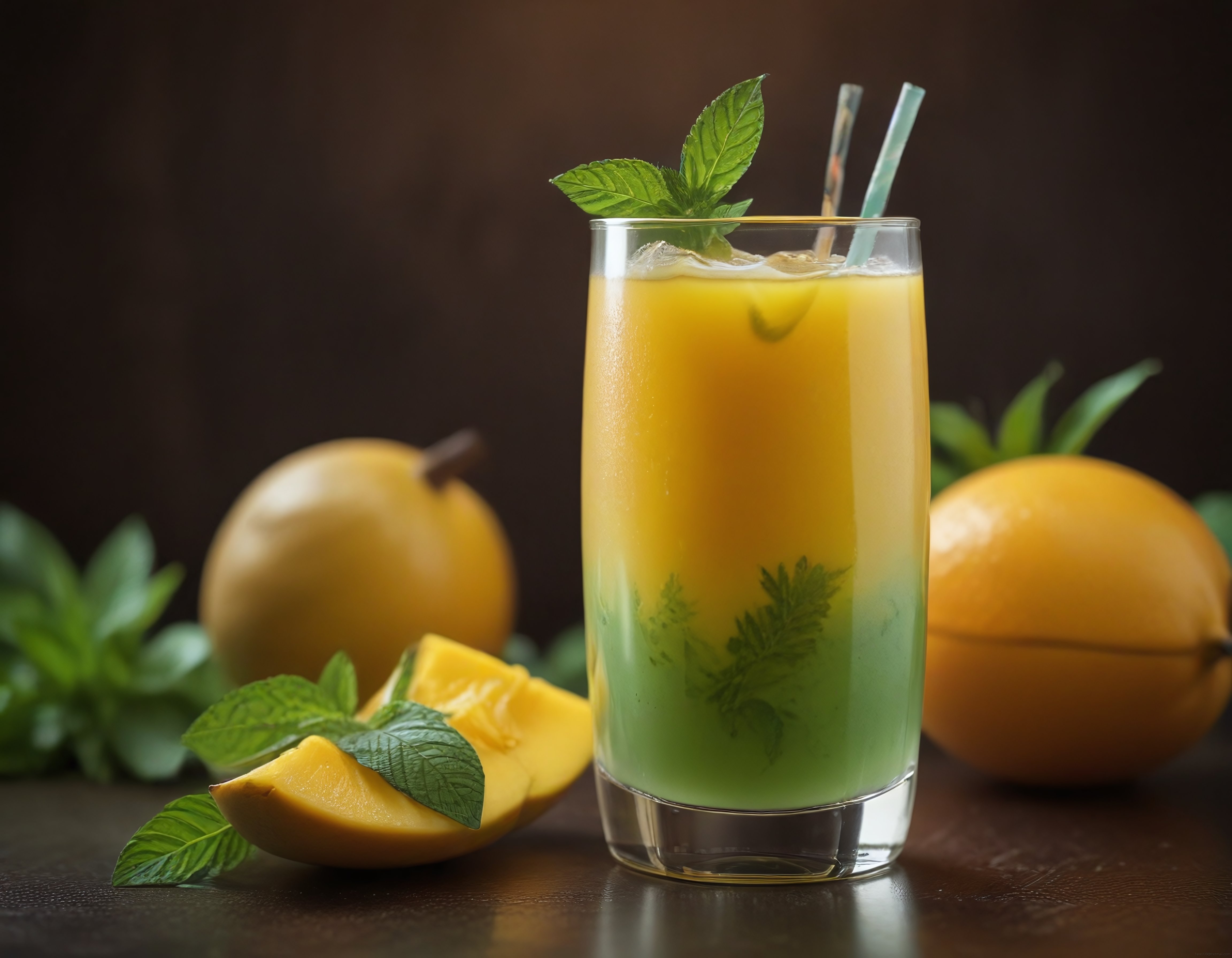 Buzlu Bardakta Taze Mango Suyu ve Nane Yapraklarıyla Serinletici Sunum