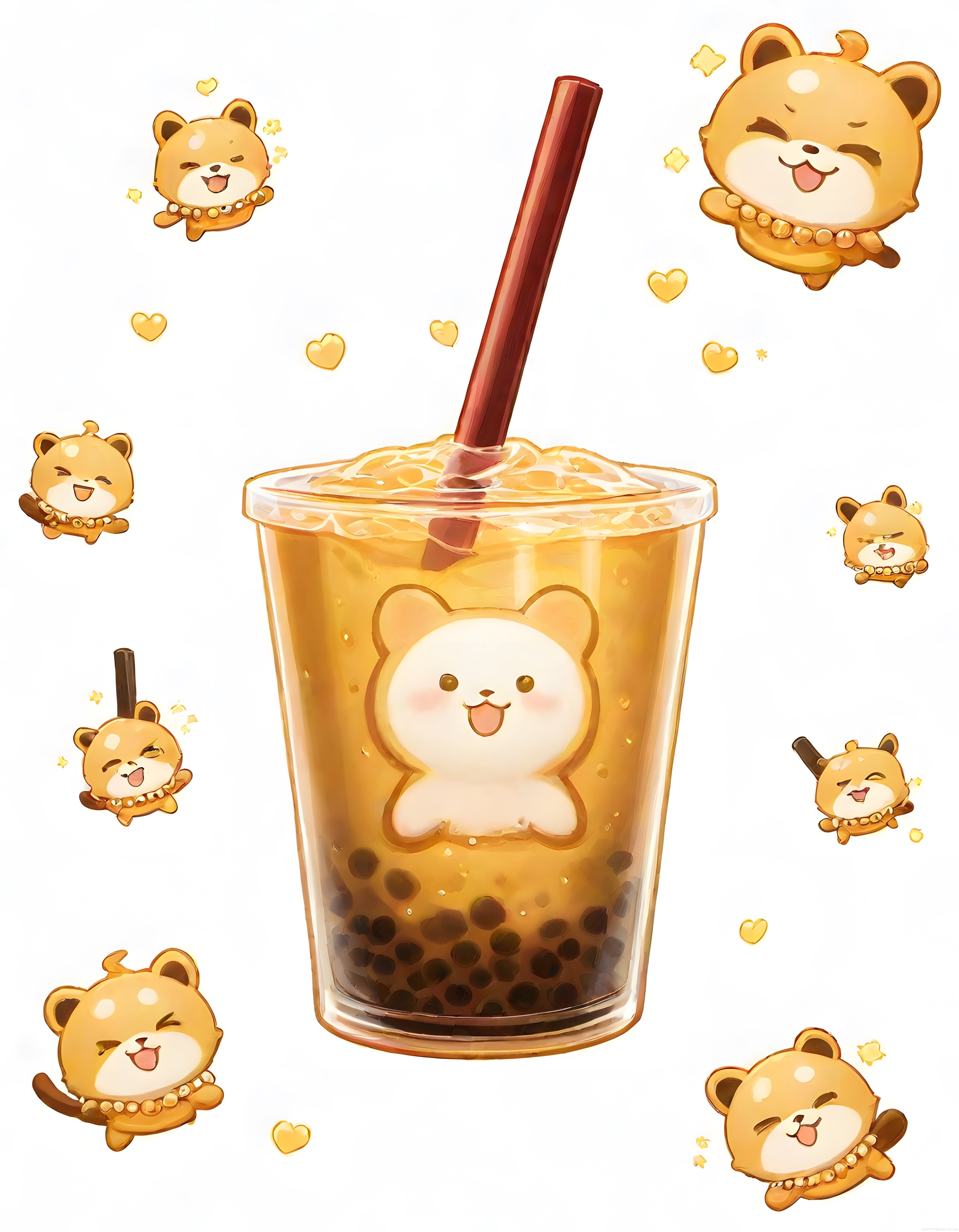 Buzlu Bubble Tea İçinde Sevimli Ayı Figürü ve Etrafında Uçan Kawaii Ayıcıklar