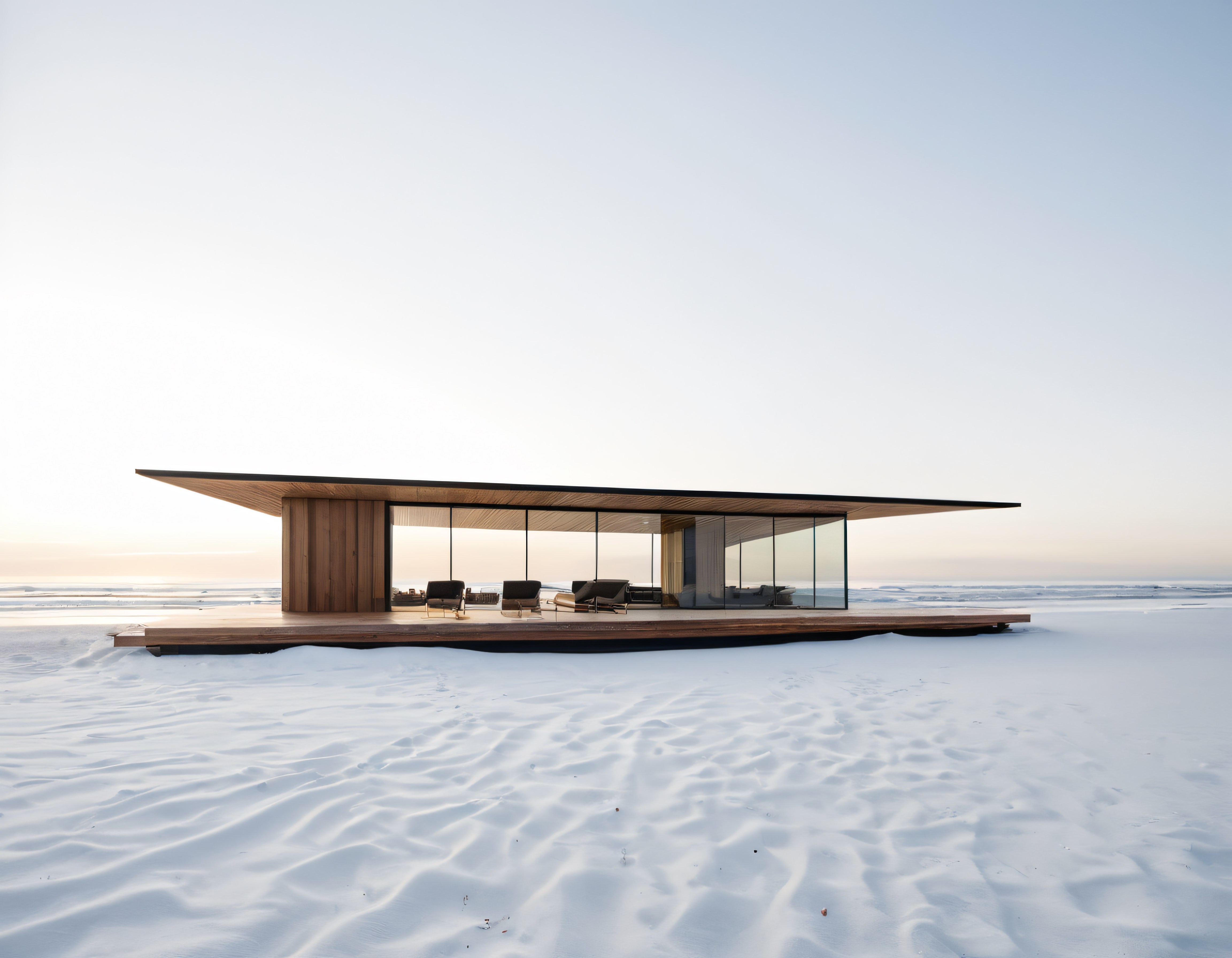 Buzlu Deniz Kenarında Zemine Yayılan Cam Cepheli Minimalist Villa