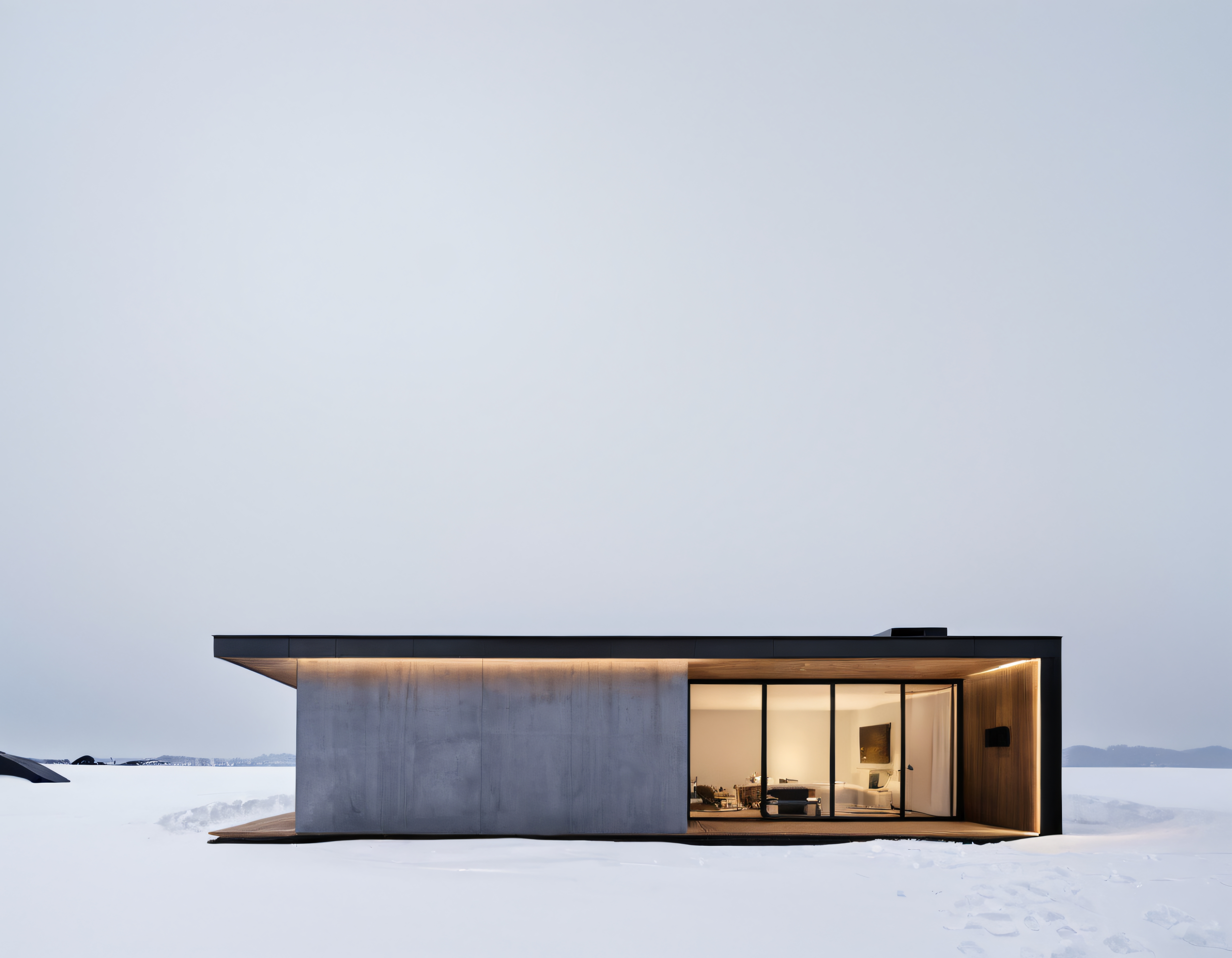 Buzul Kıyısındaki Modern Minimalist Villa ve Sıcacık İç Mekan Işıkları
