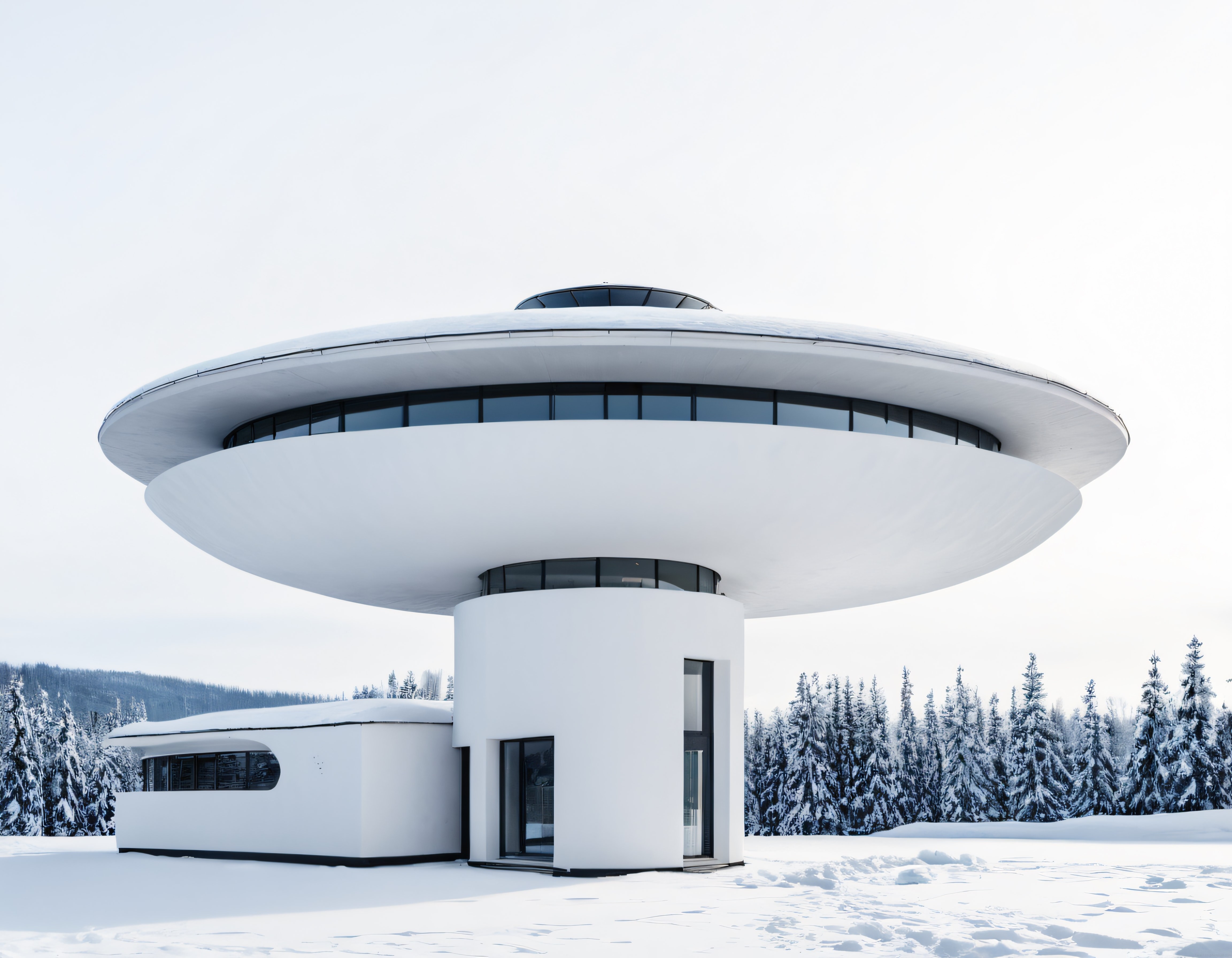 Buzul Ormanın İçindeki UFO Formlu Beyaz Modern Mimari Harikası