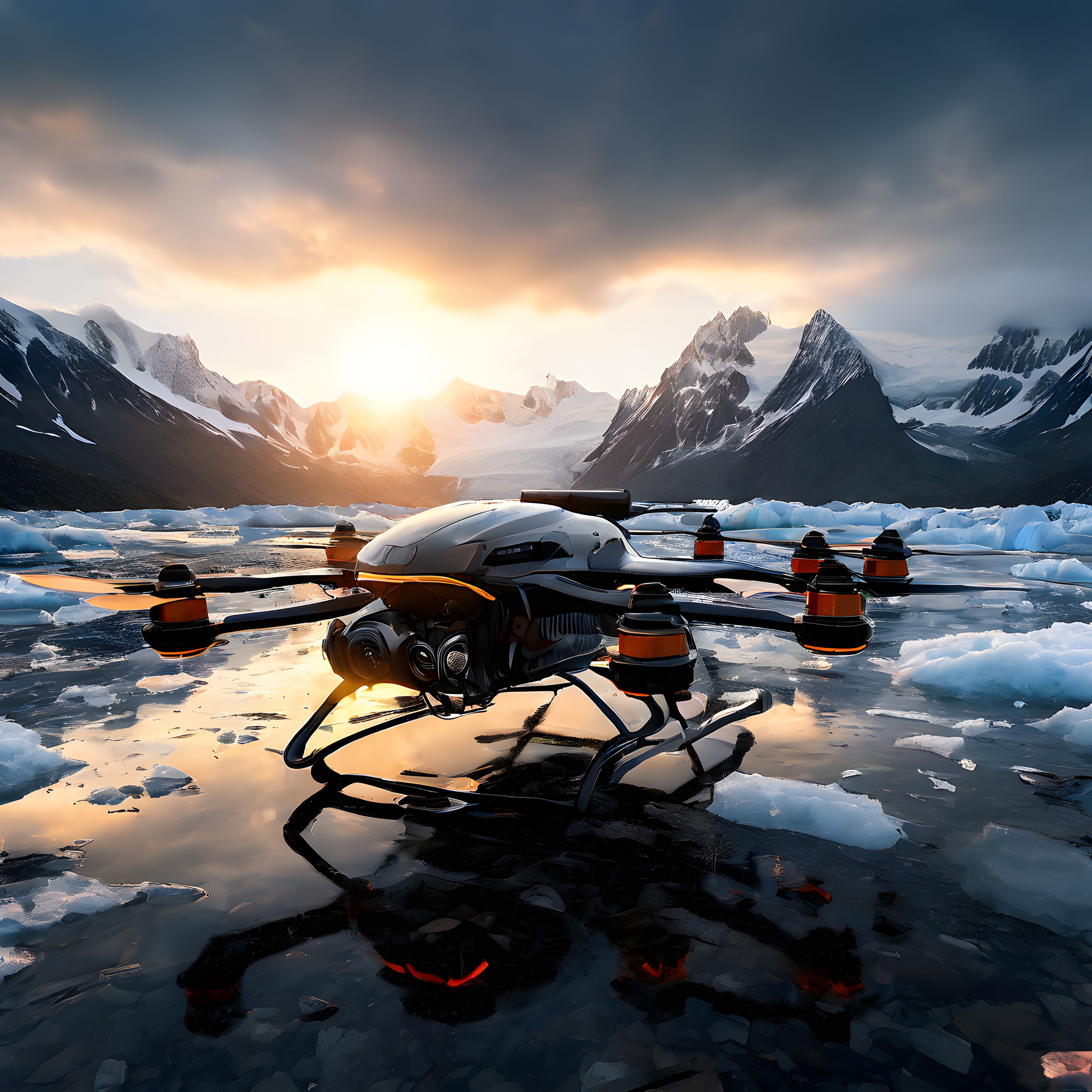 Buzul ve Karlı Dağlar Arasında Gün Batımında Duran Geleceğin Drone'u