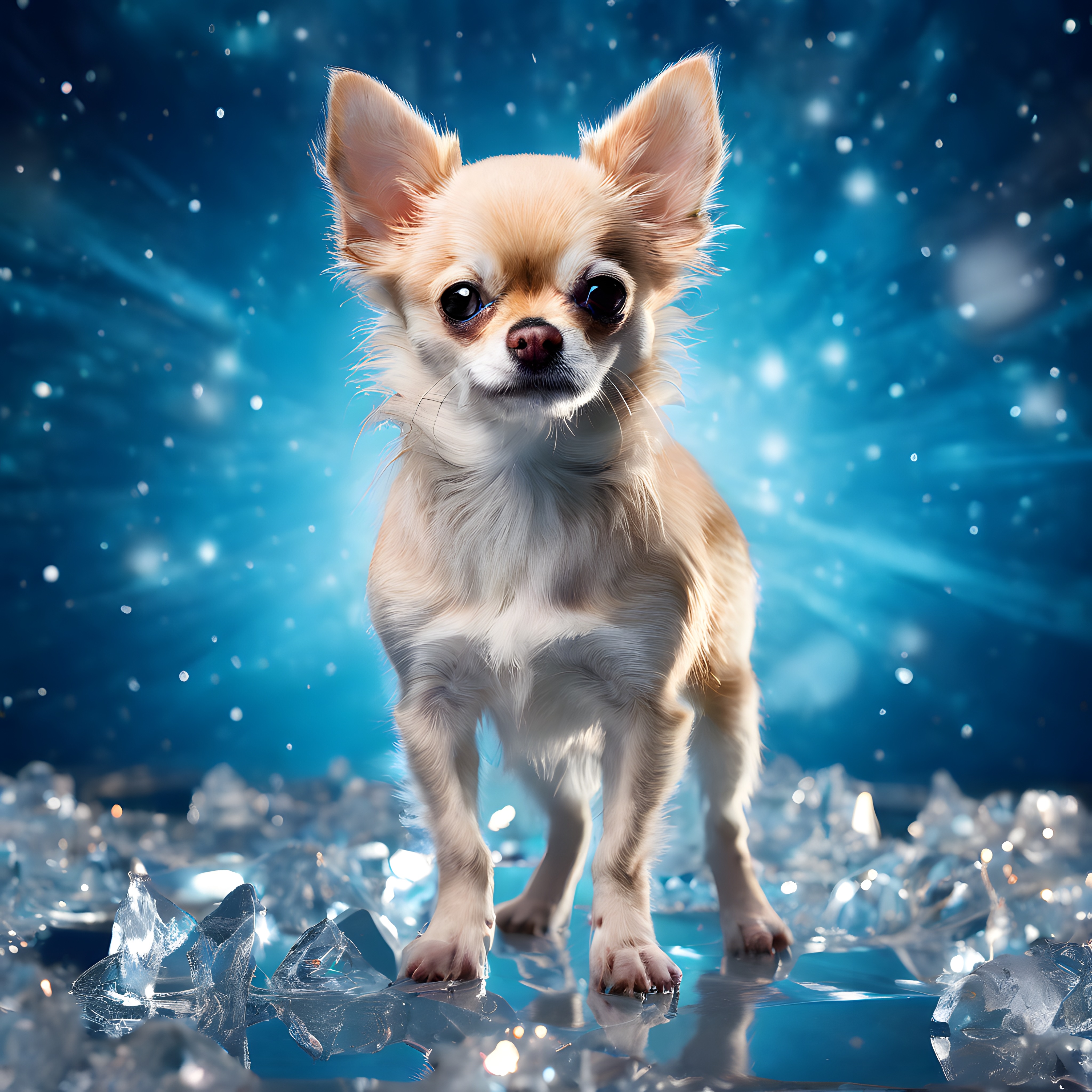 Buzulların Üzerindeki Sevimli Chihuahua Köpeği ve Parıldayan Mavi Kış Arka Planı