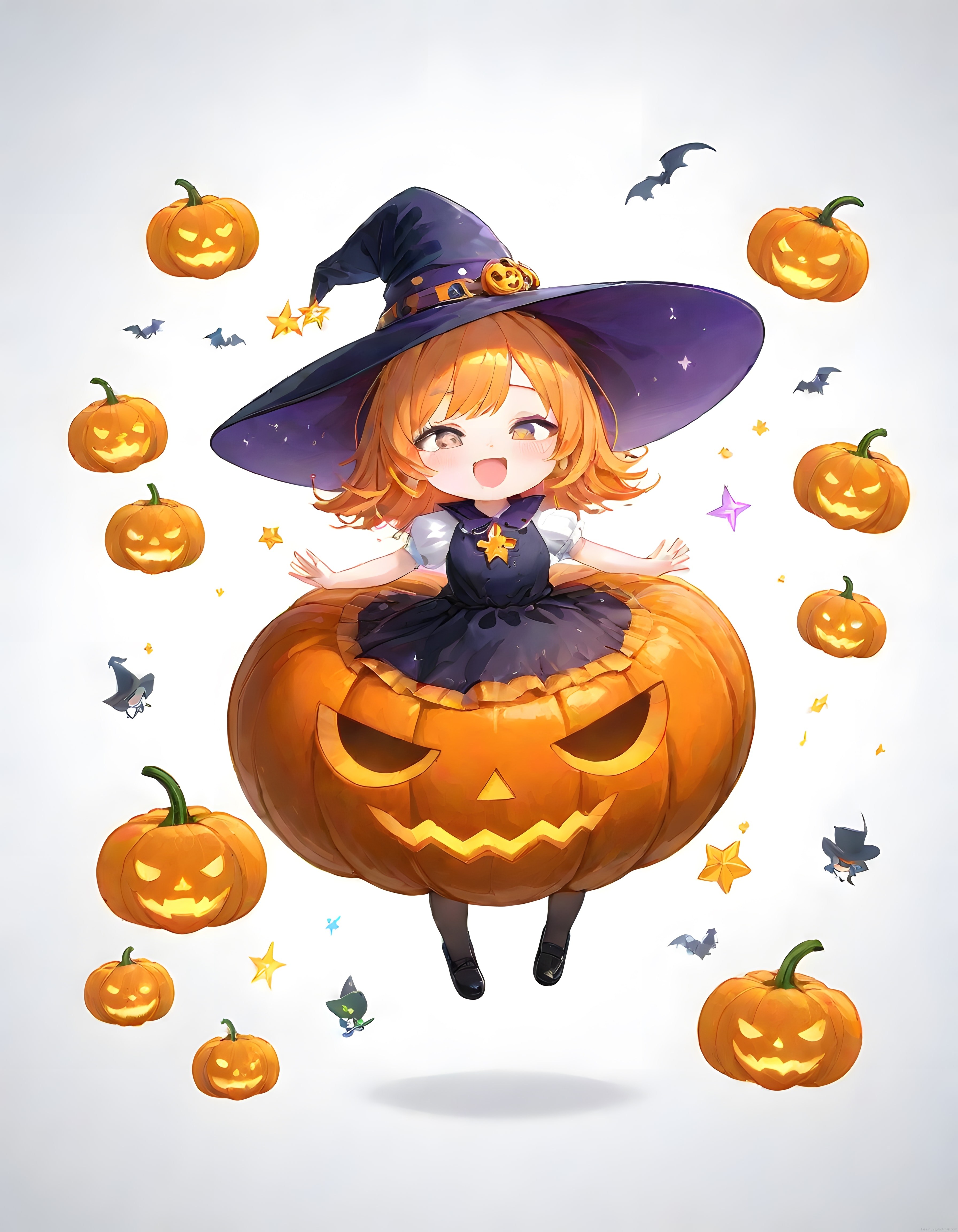 Cadı Şapkalı Sevimli Kız ve Devasa Balkabağı: Halloween Anime İllüstrasyonu
