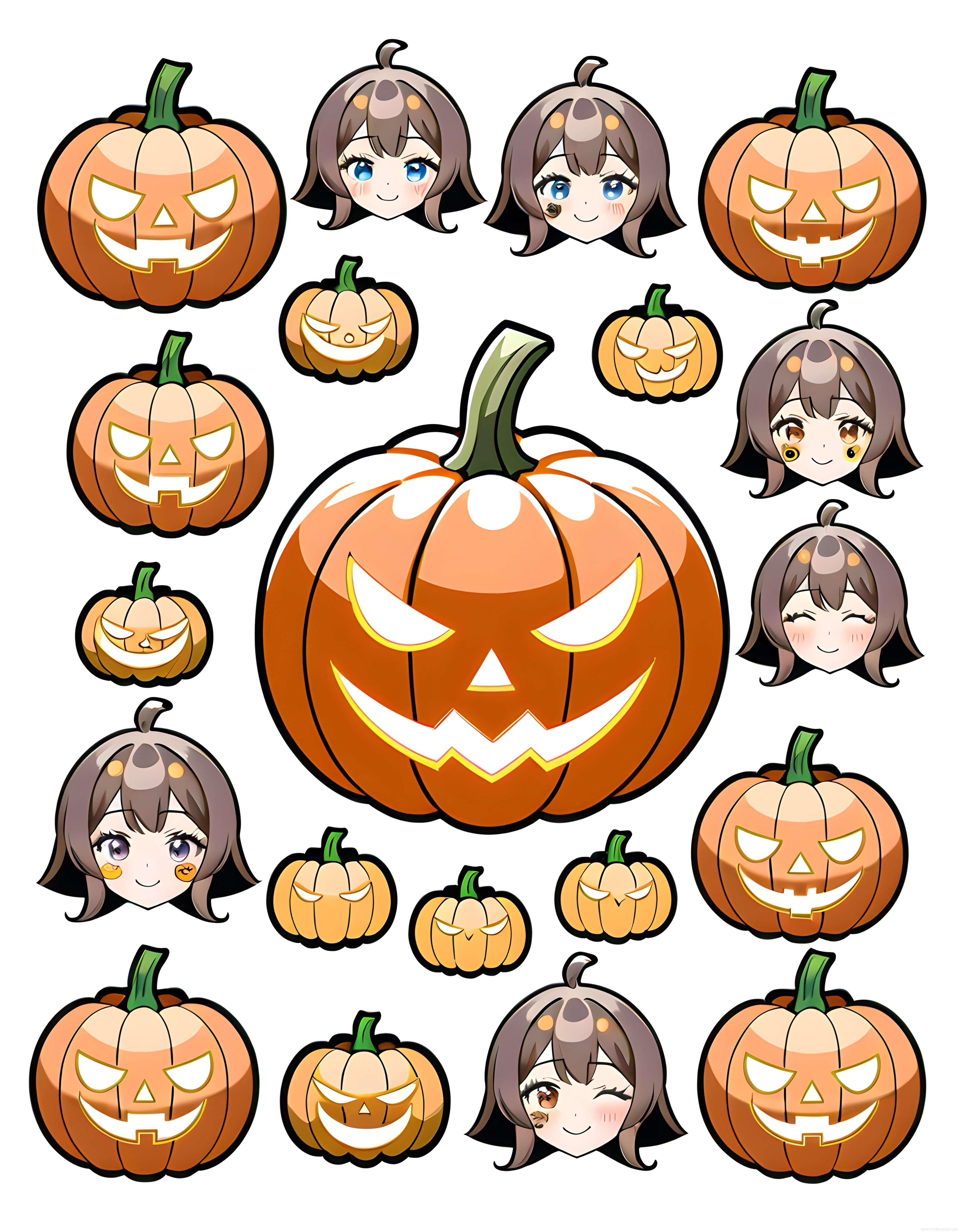 Cadılar Bayramı Anime Sticker Seti: Sevimli Karakterler ve Balkabağı Fenerleri