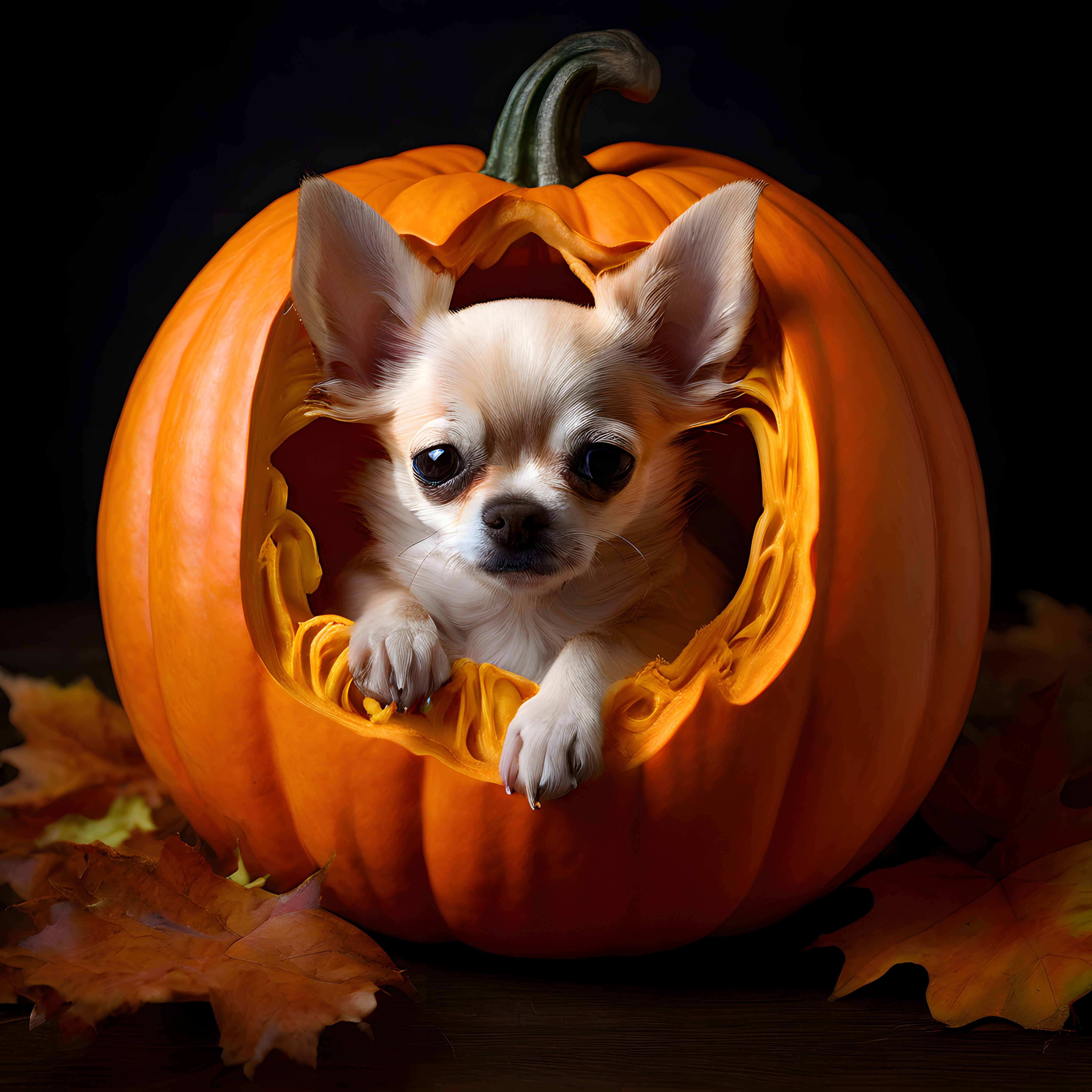 Cadılar Bayramı Kabak İçinden Dışarı Bakan Sevimli Beyaz Chihuahua Köpek Yavrusu