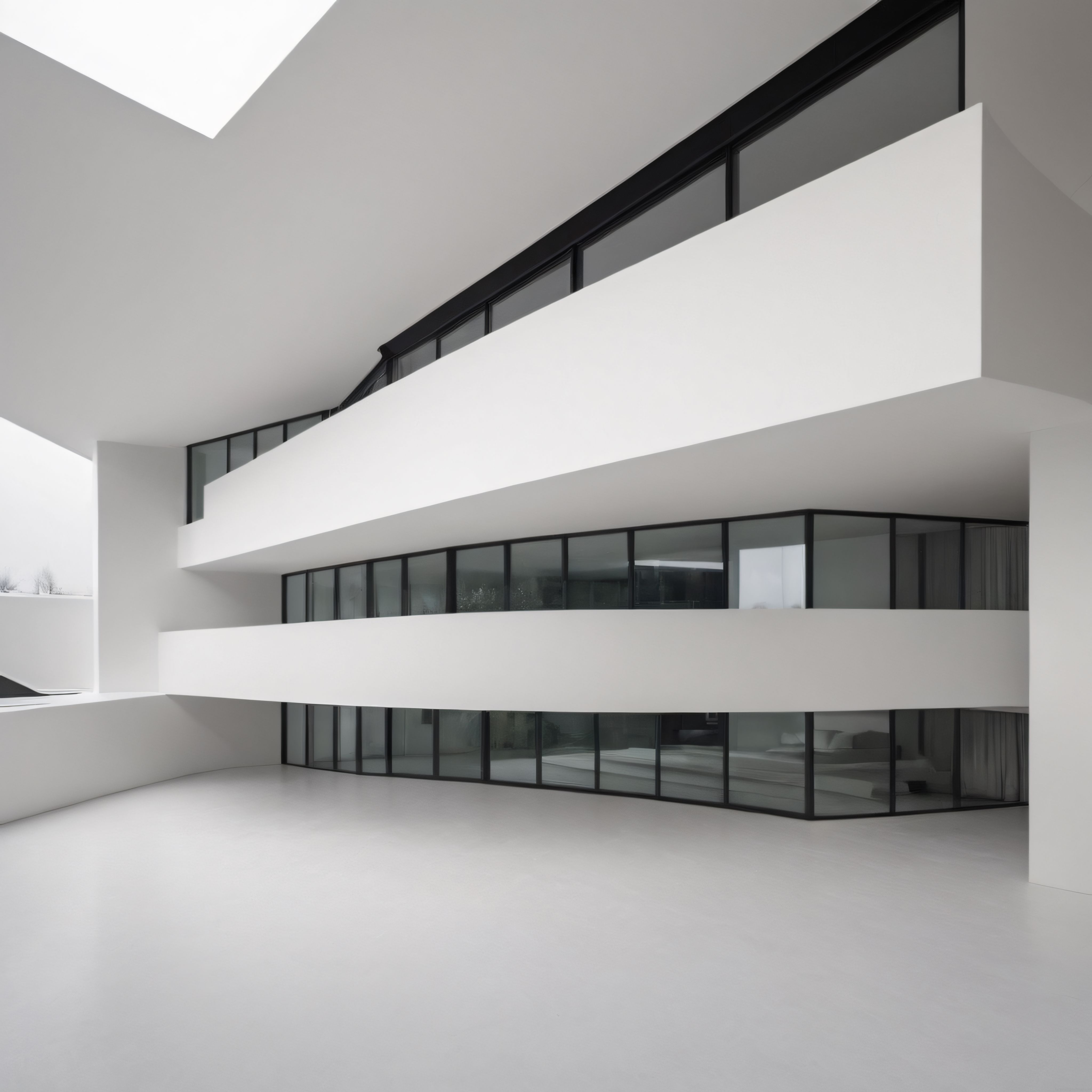 Çağdaş Beyaz Minimalist Mimari: Katlı Cam ve Beton Detaylı Lüks Villa İç Mekânı