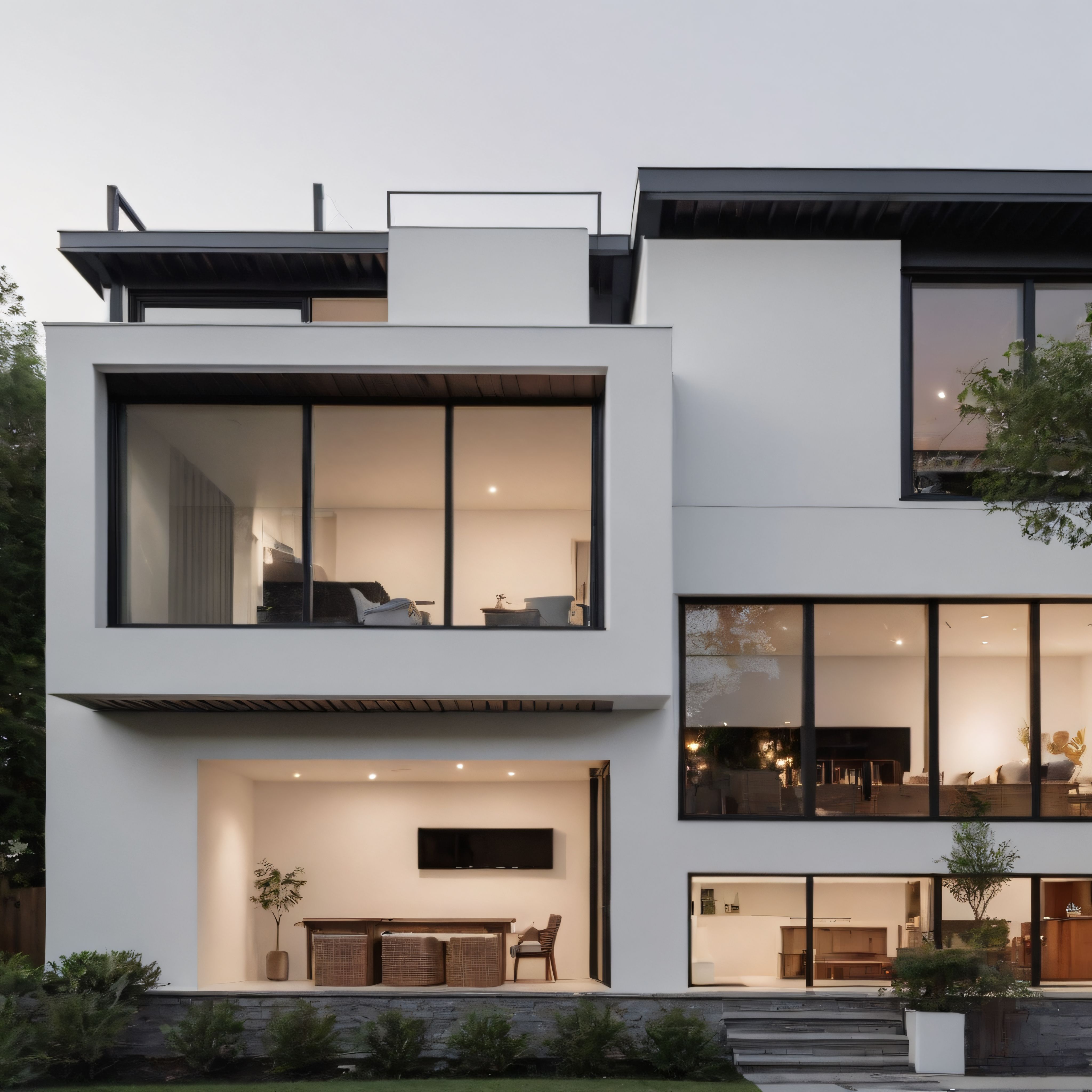 Çağdaş Beyaz Villa ve Geniş Pencerelerle Sıcak İç Mekan Aydınlatması