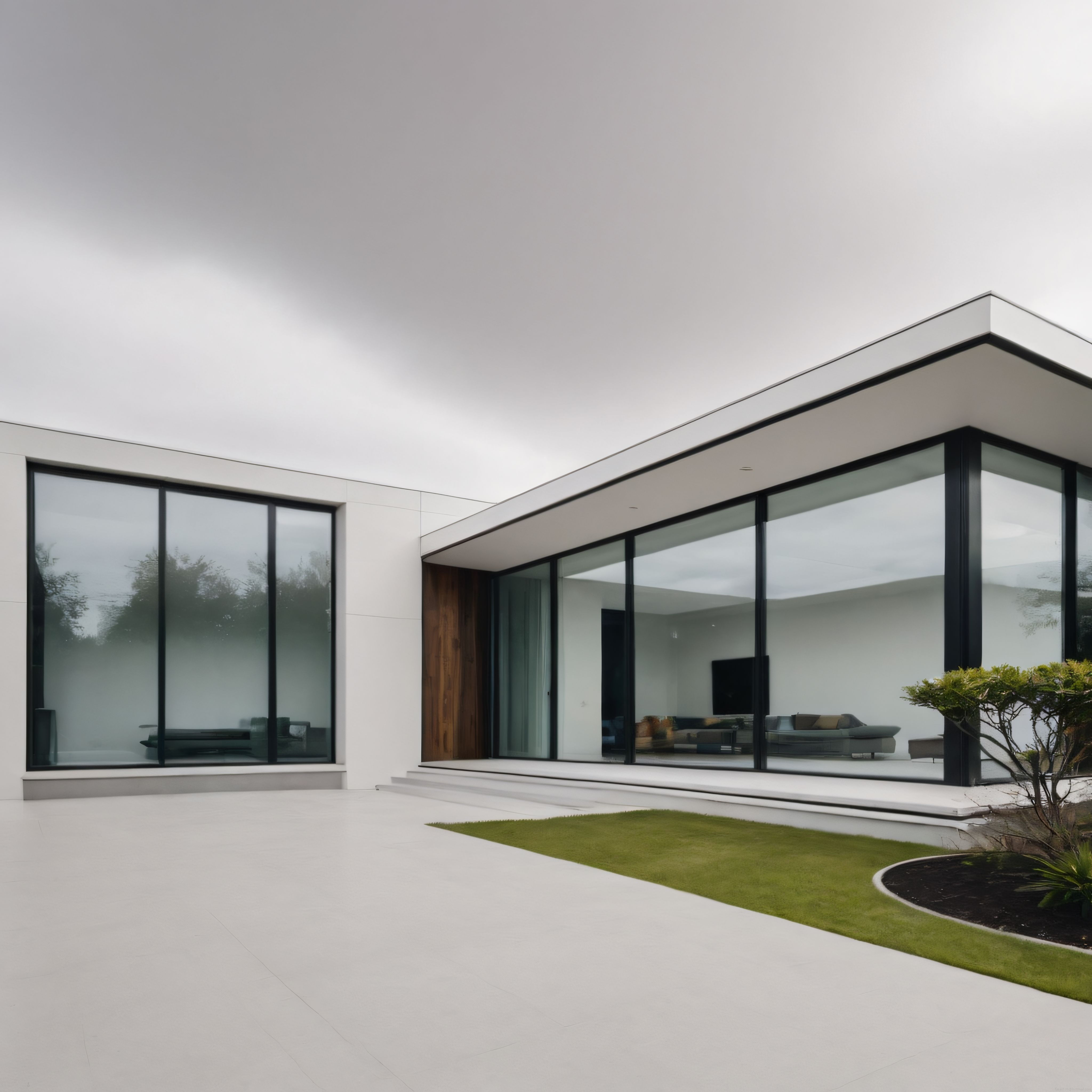 Çağdaş cam cepheli minimalist villa tasarımı ve beton bahçe manzarası