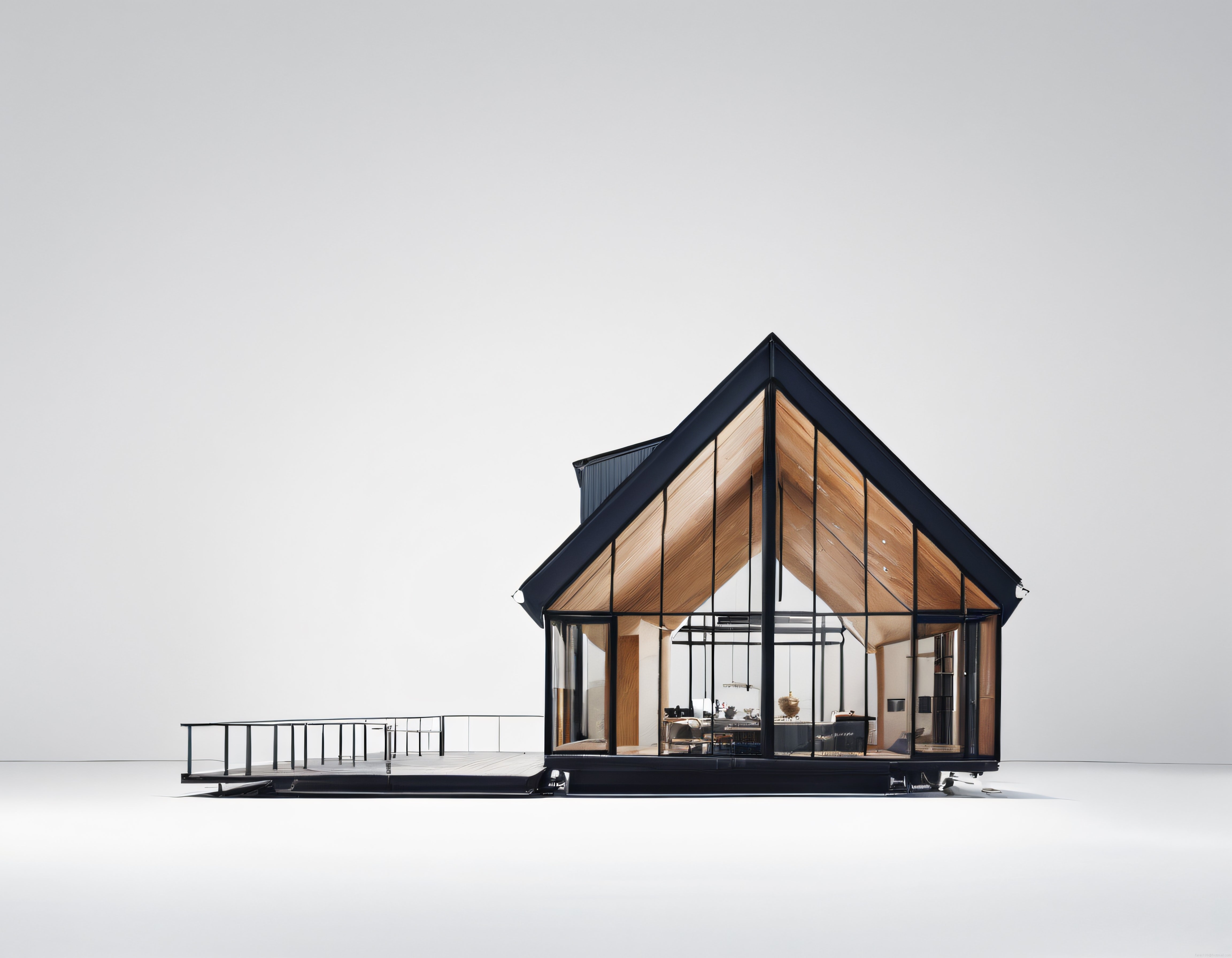 Çağdaş Cam ve Ahşap Detaylı Yüksek Çatılı Minimalist Ev Tasarımı
