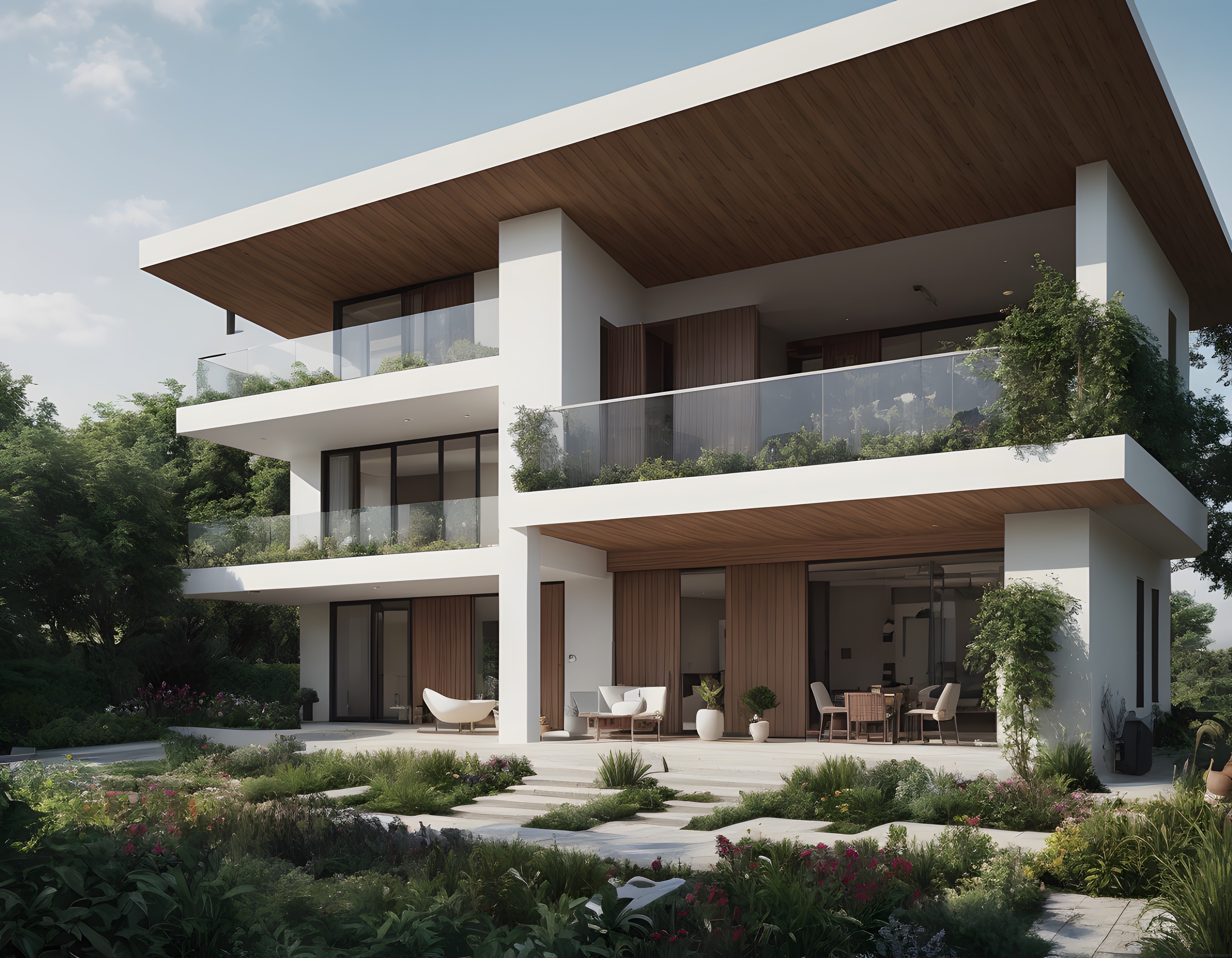Çağdaş mimari anlayışla tasarlanmış ahşap ve cam detaylı lüks villa cephesi