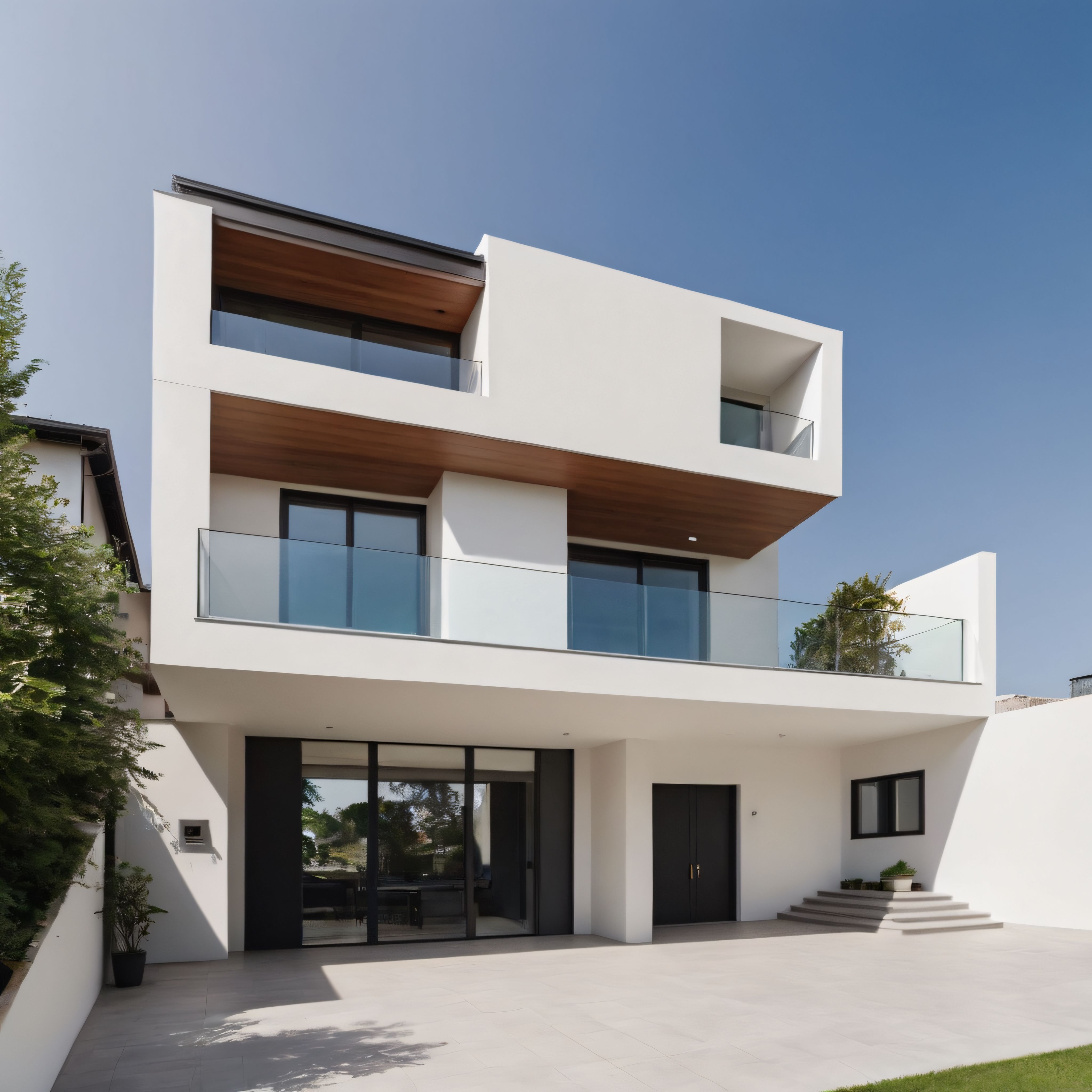 Çağdaş mimari anlayışla tasarlanmış beyaz villa cephesi ve cam teras detayları