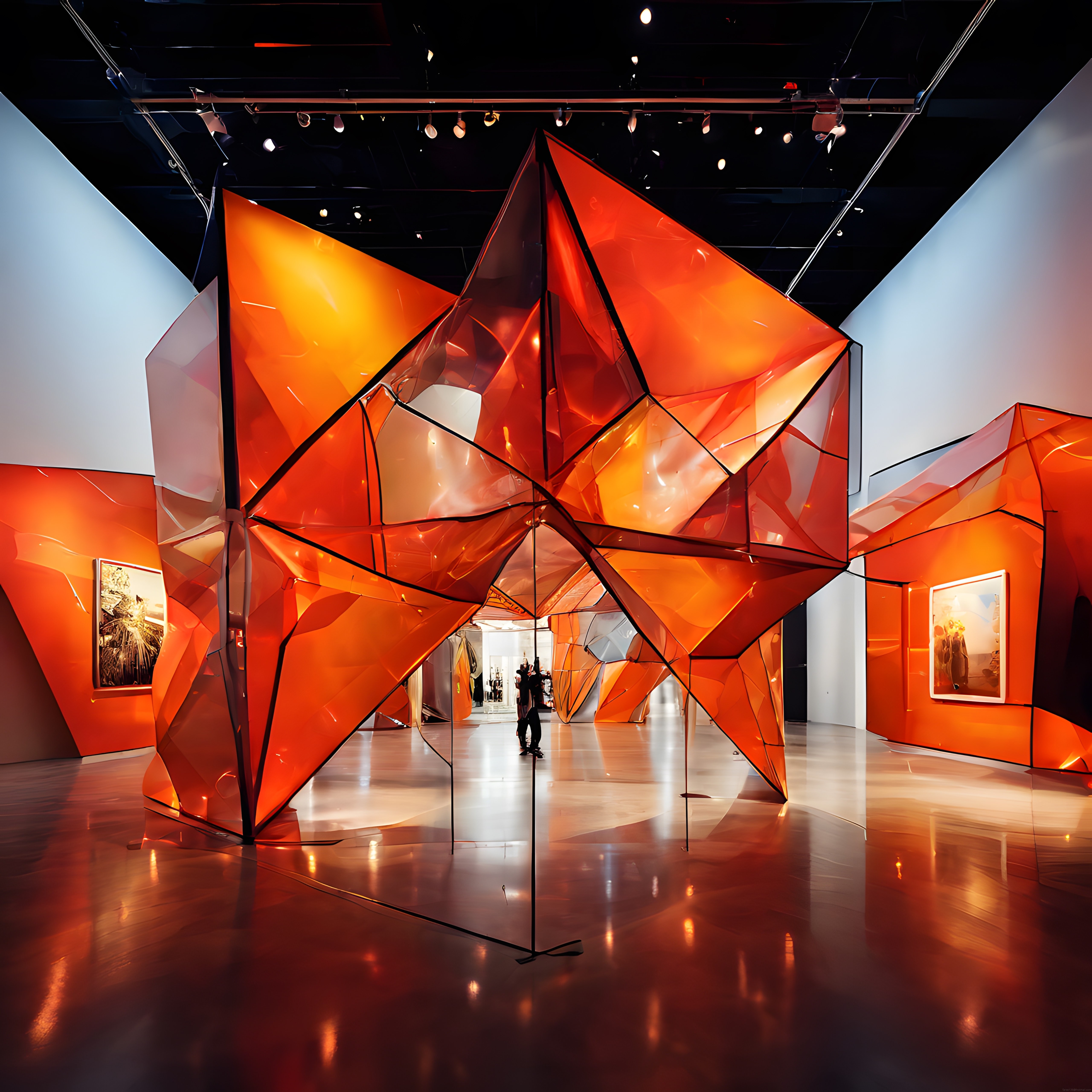 Çağdaş sanat müzesinde geometrik turuncu enstalasyon ve ışık oyunları