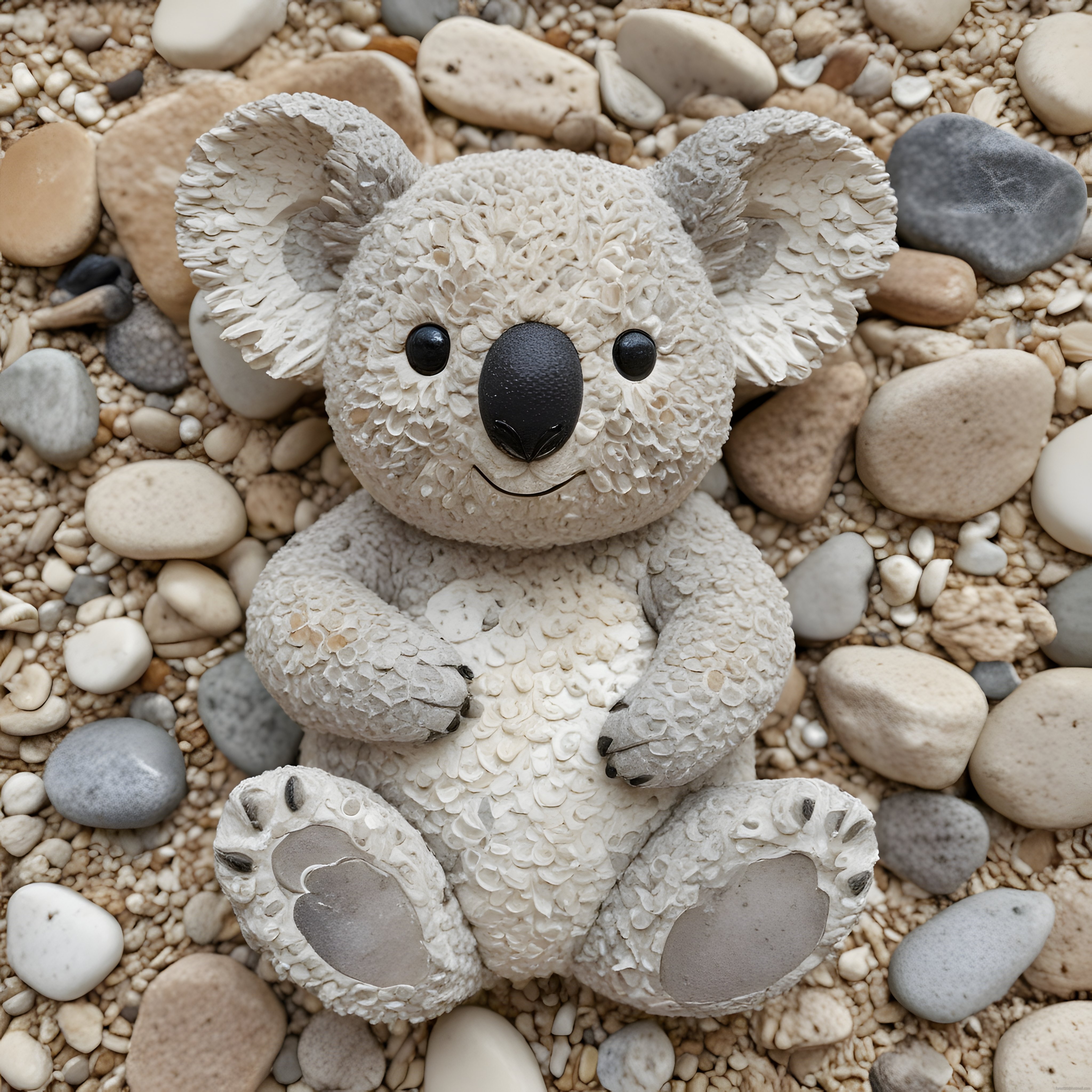 Çakıl taşları arasında oturan deniz kabuklarından yapılmış sevimli koala figürü