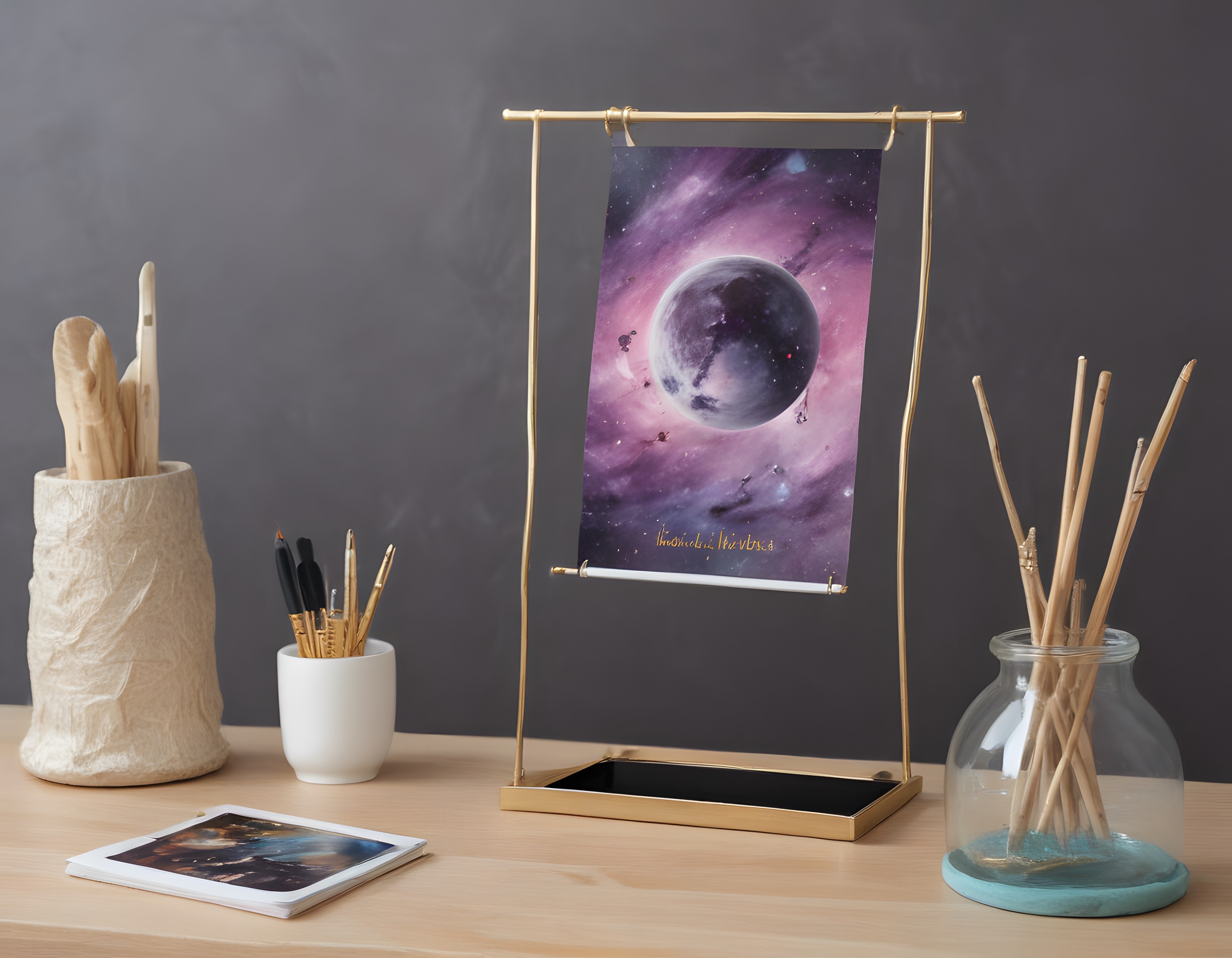Çalışma masası üzerinde uzay temalı poster ile modern ve minimalist ofis dekorasyonu
