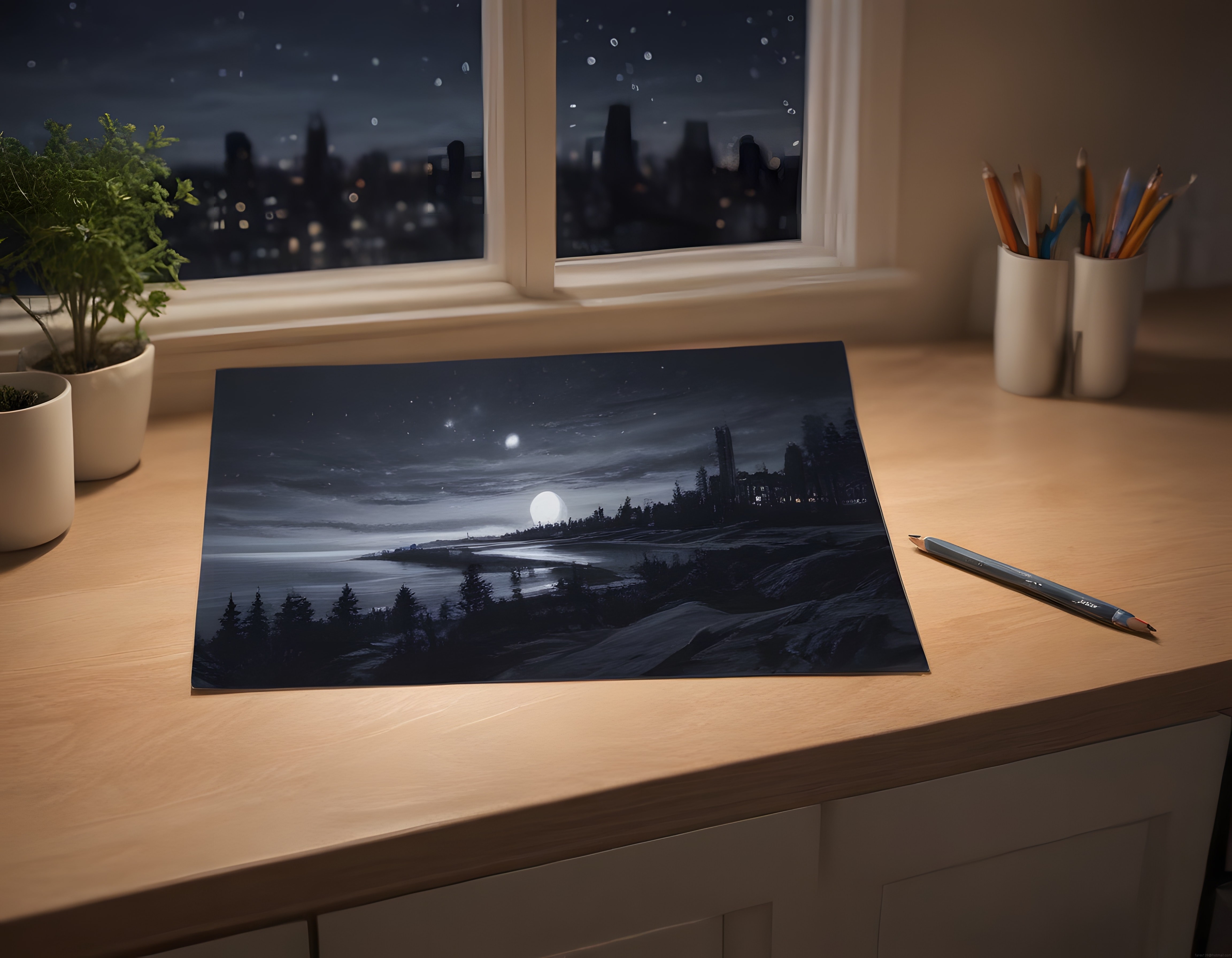 Çalışma Masasında Ay Işığı Manzarası: Karlı Gece ve Dijital Sanat Atmosferi