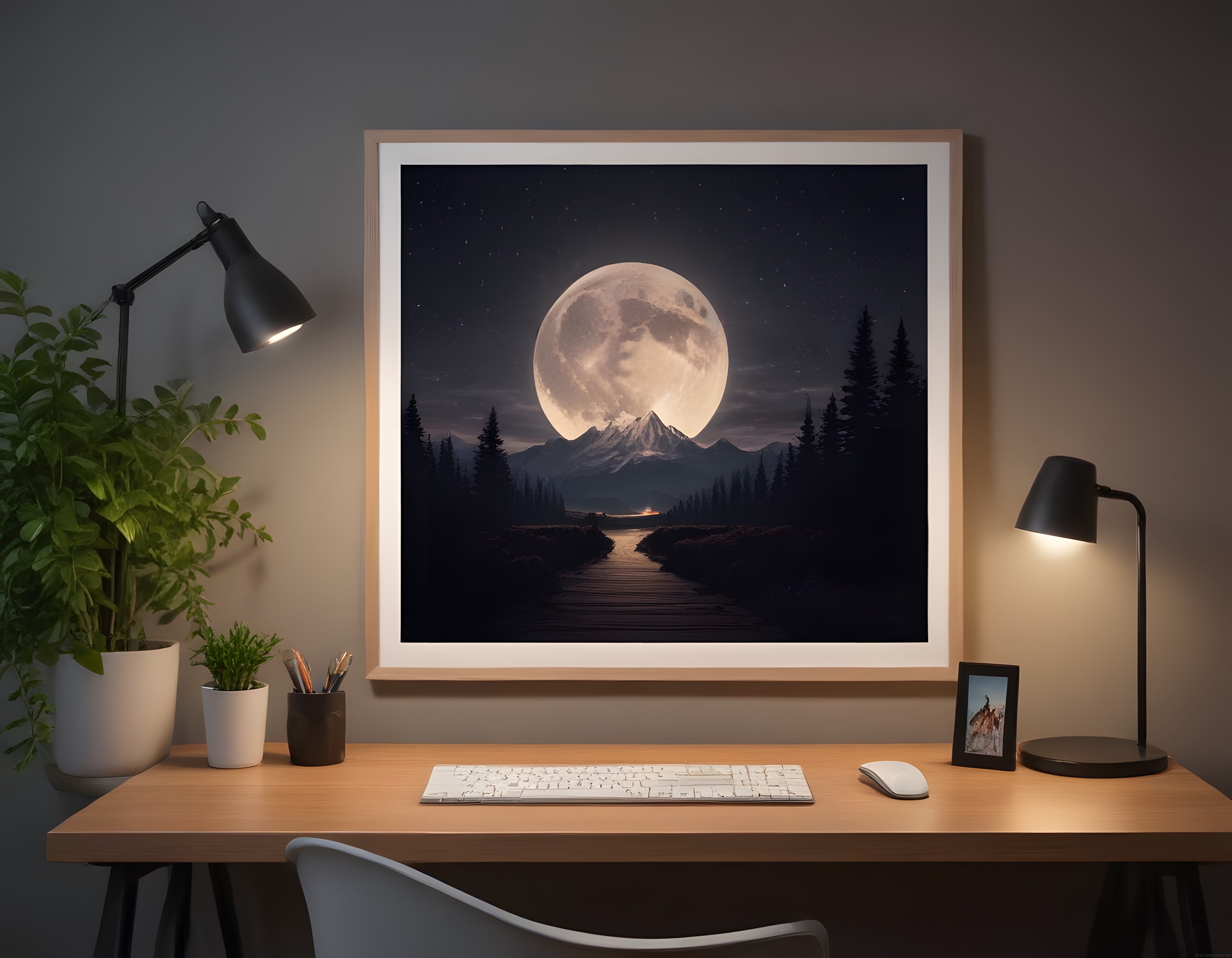 Çalışma Masasında Dolunay ve Dağ Manzaralı Minimalist Ofis Ortamı