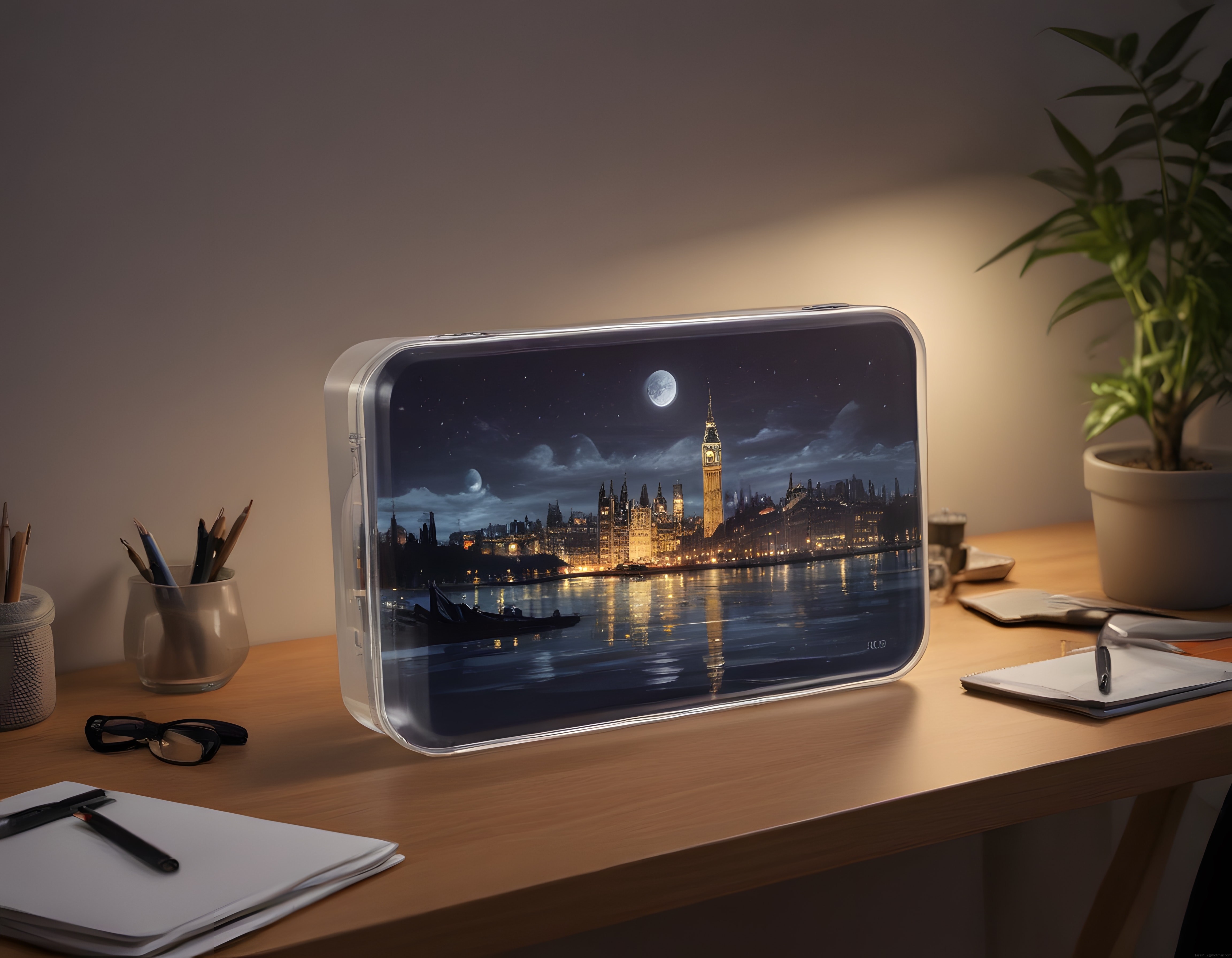 Çalışma Masasında Şeffaf Ekranda Büyüleyici Londra Big Ben Gece Manzarası