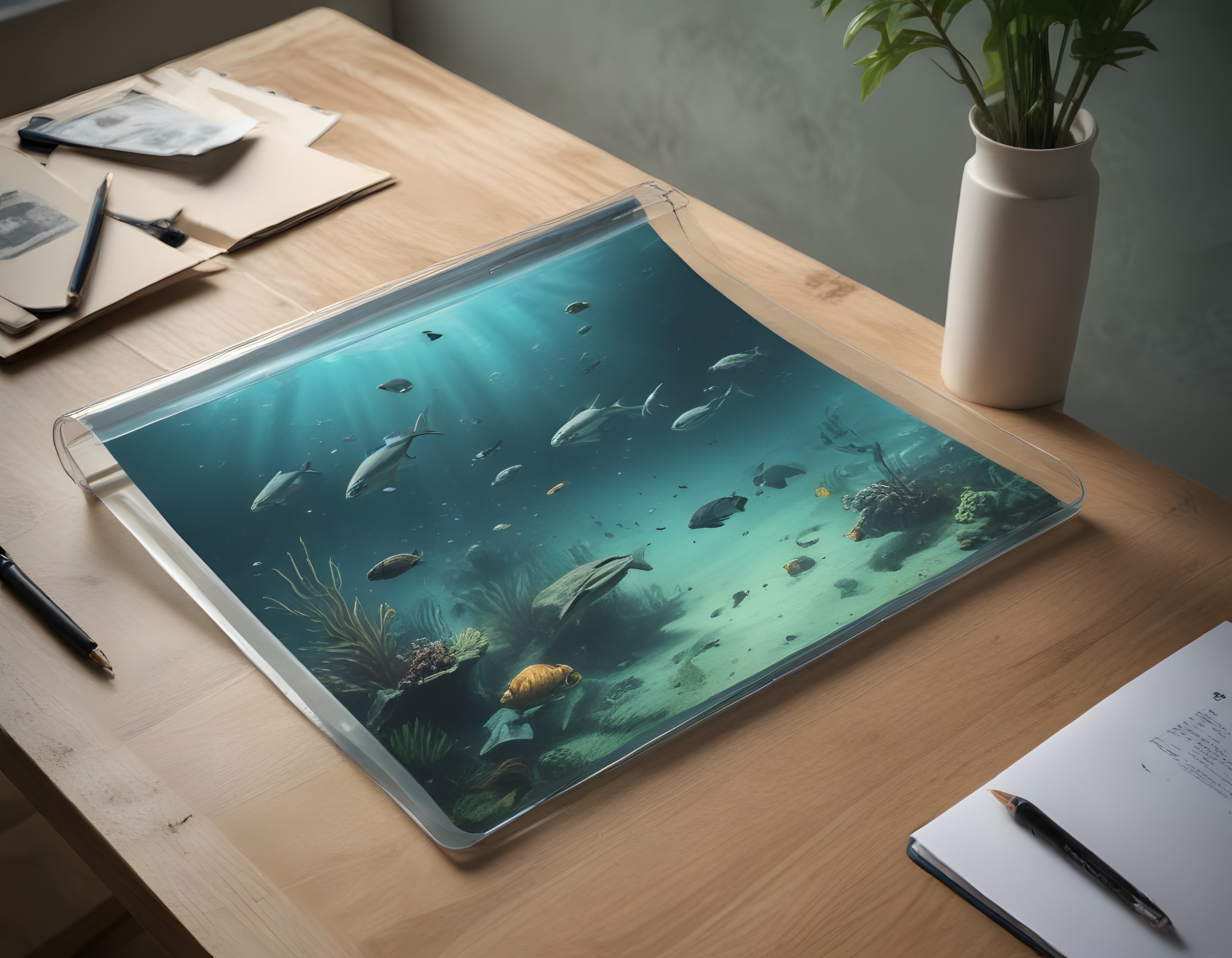 Çalışma masasında şeffaf tablet formunda canlanan sualtı dünyası dijital tasarım