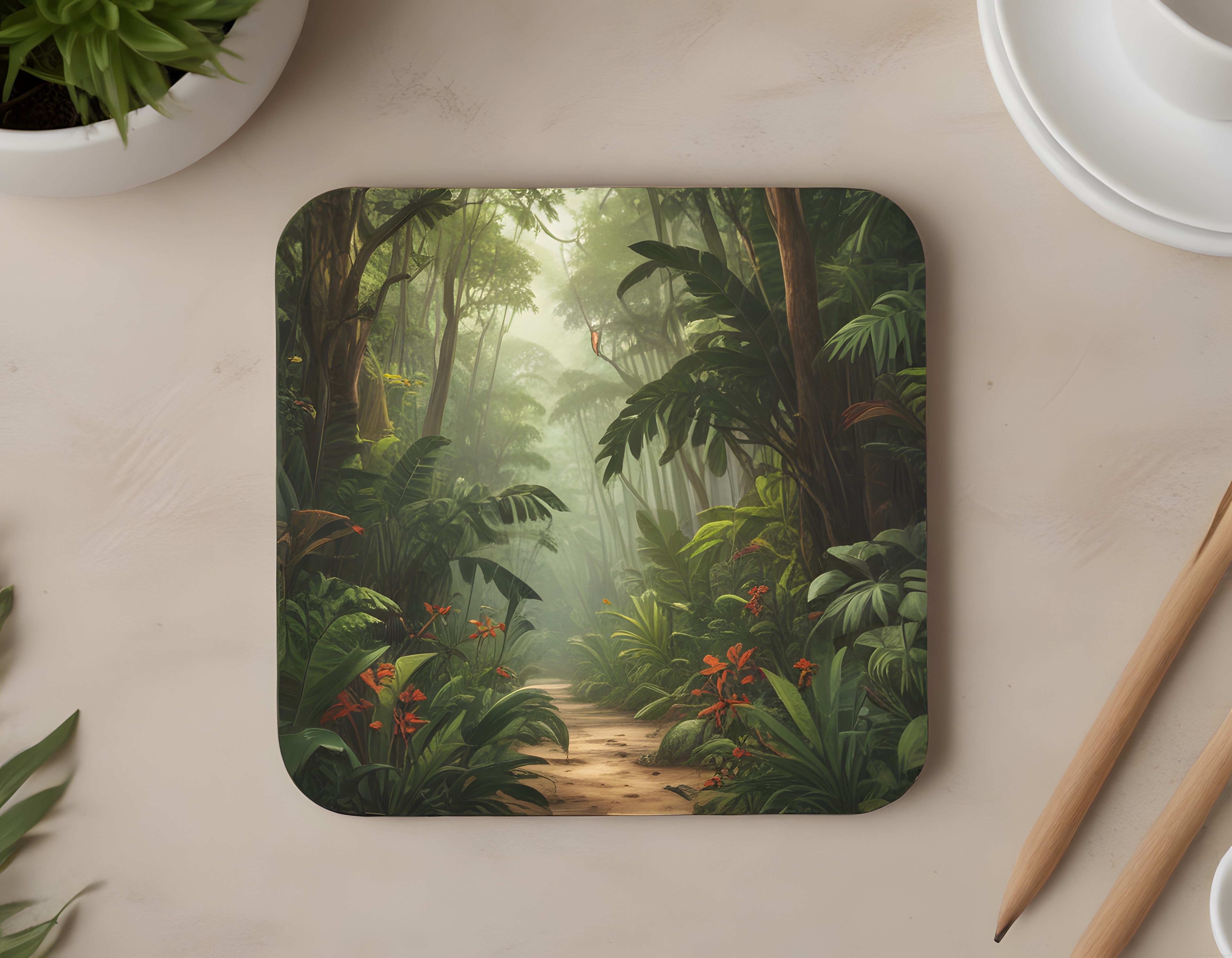 Çalışma Masasında Tropik Orman Mouse Pad ve Sisli Yeşil Yürüyüş Patikası