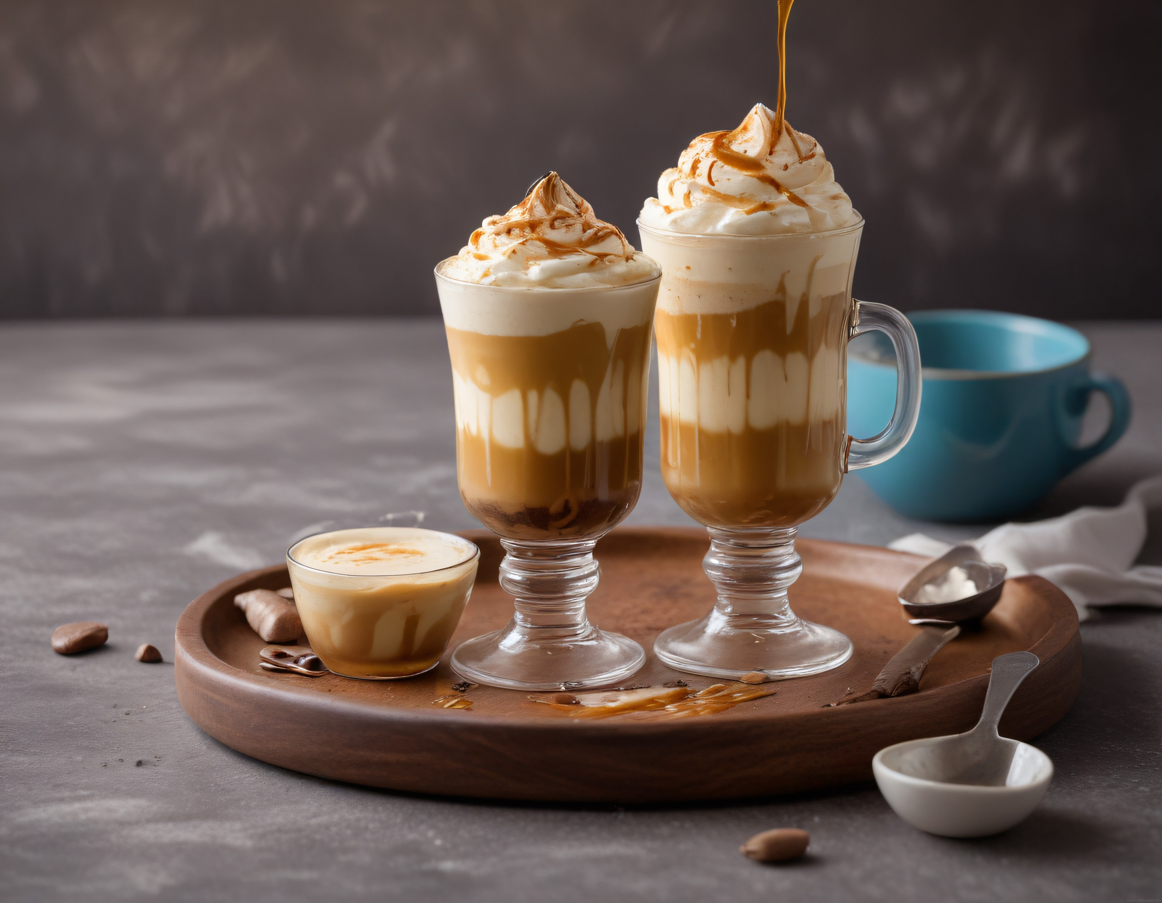 Cam Bardaklarda Karamel Soslu Kremalı Latte ve Sütlü Kahve Sunumu