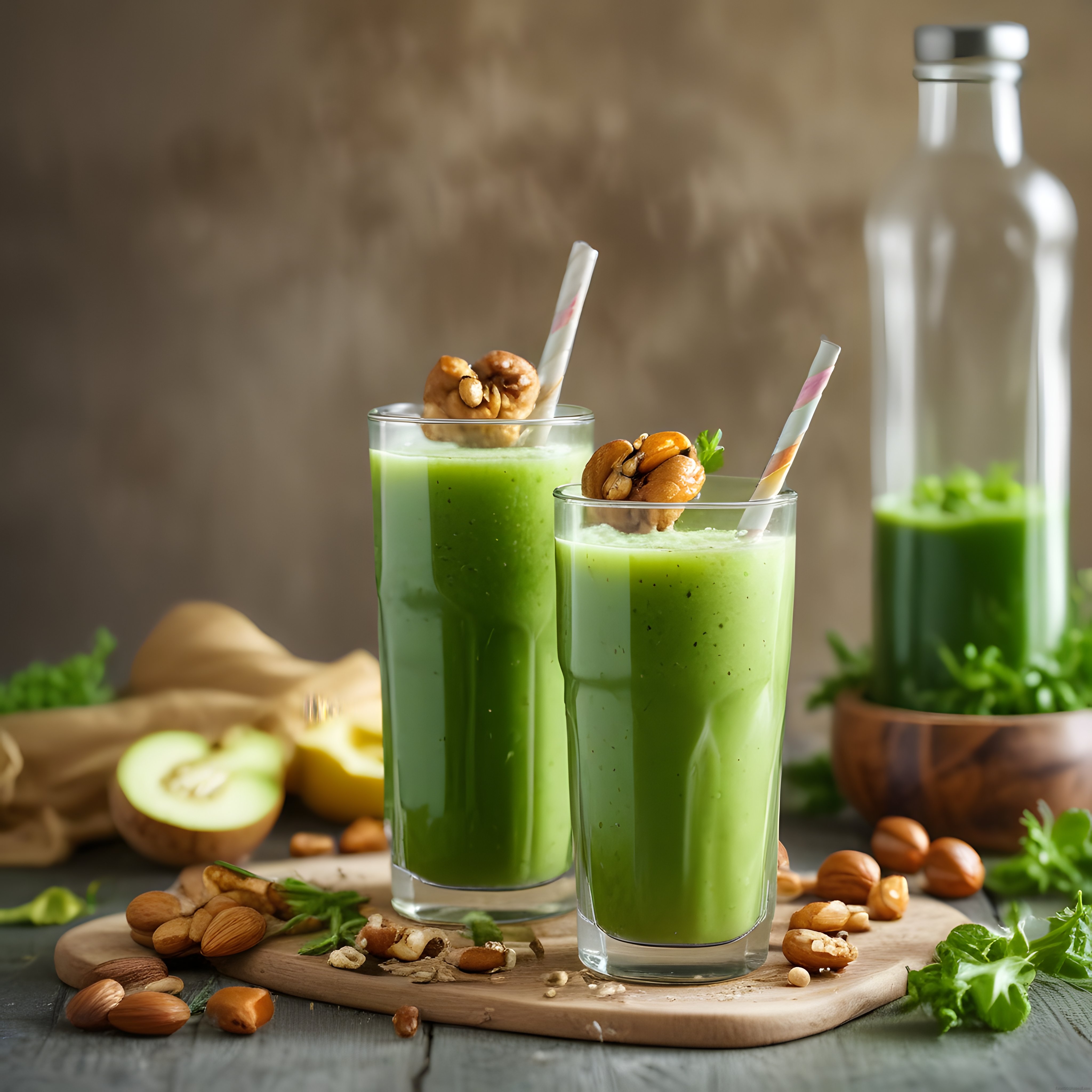 Cam Bardaklarda Yeşil Smoothie ve Kuruyemişli Sağlıklı İçecek Sunumu