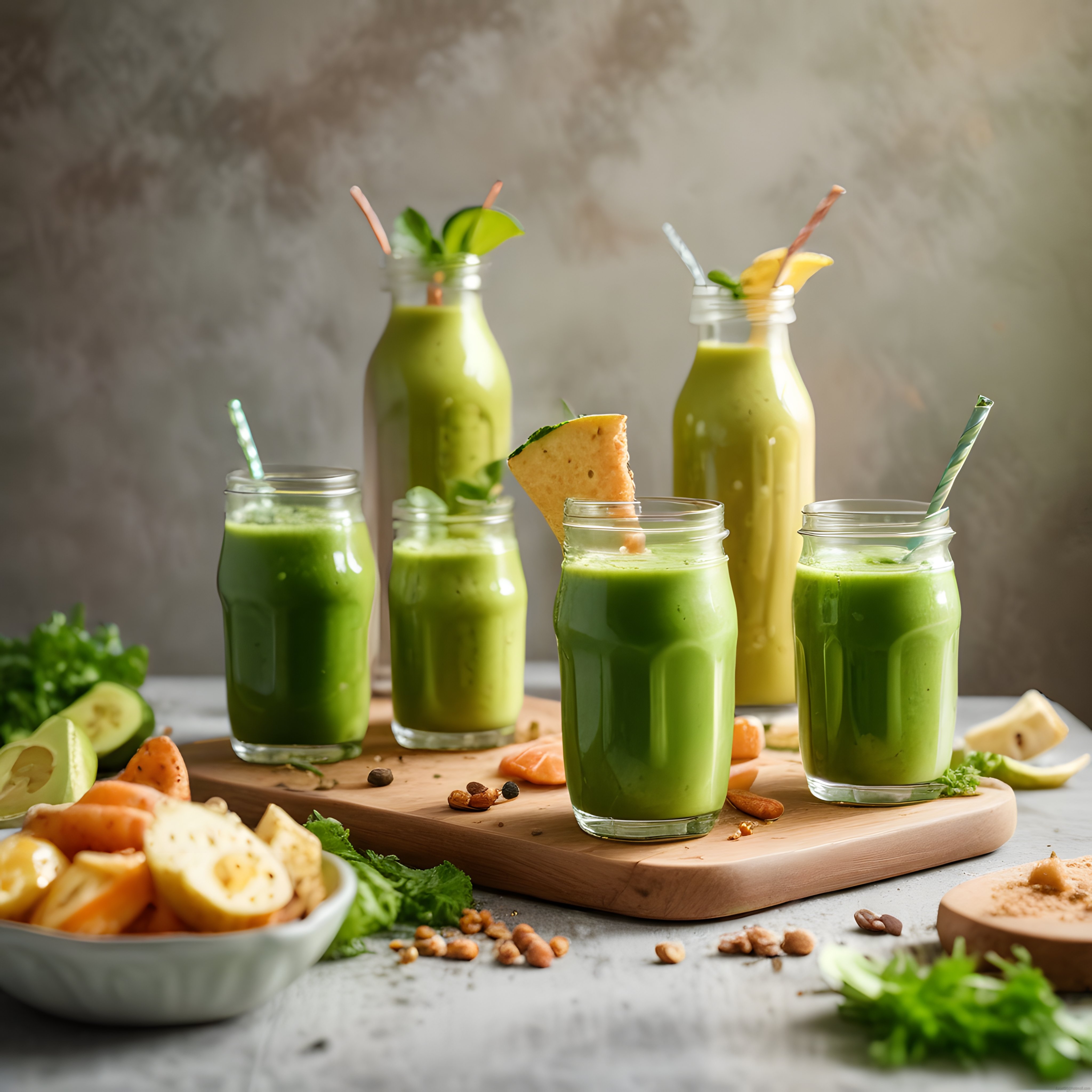 Cam bardaklarda yeşil smoothie ve tropikal meyveli sağlıklı içecek sunumu