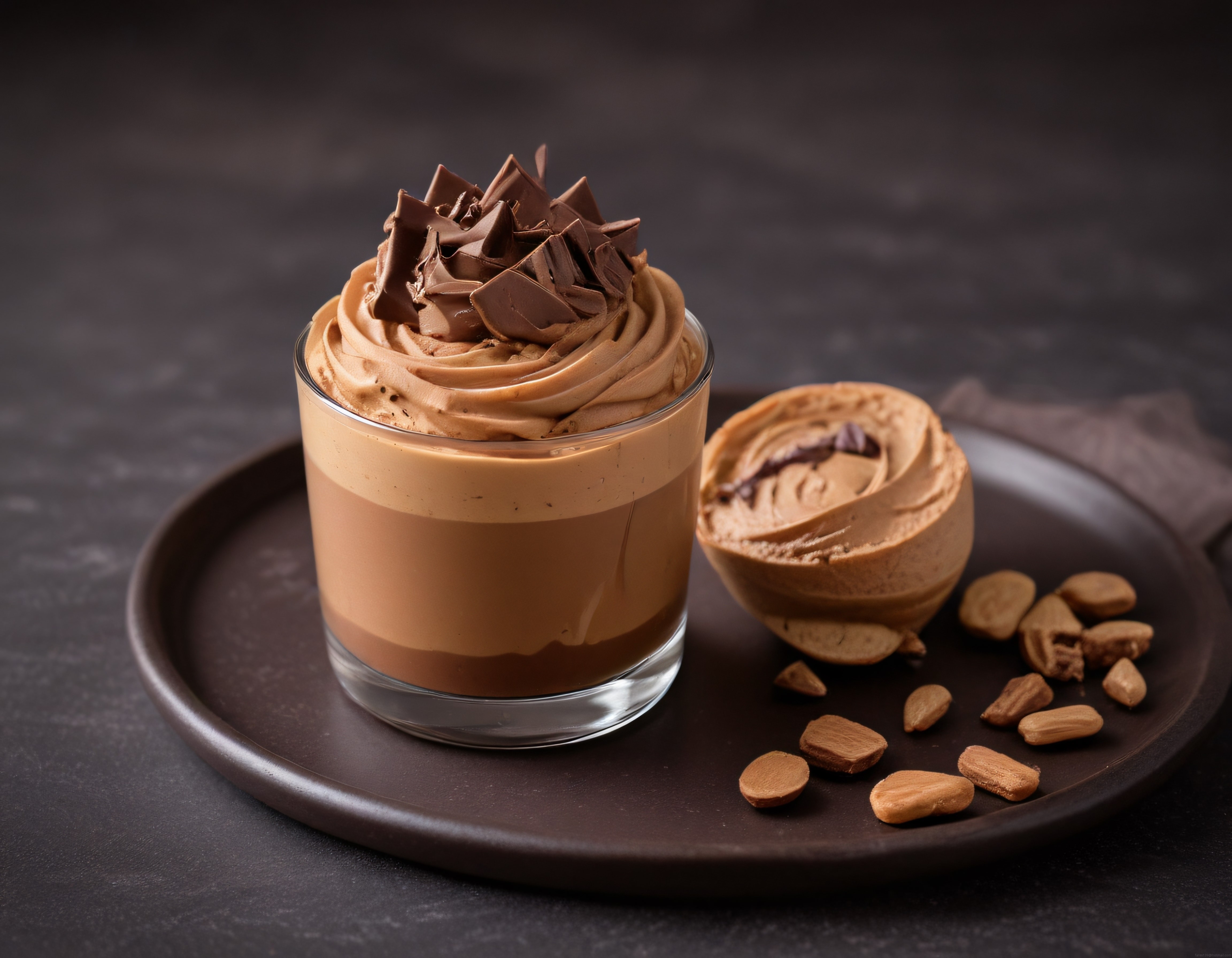Cam Bardakta Çikolatalı Katmanlı Mousse Tatlı ve Yanında Makaron Sunumu