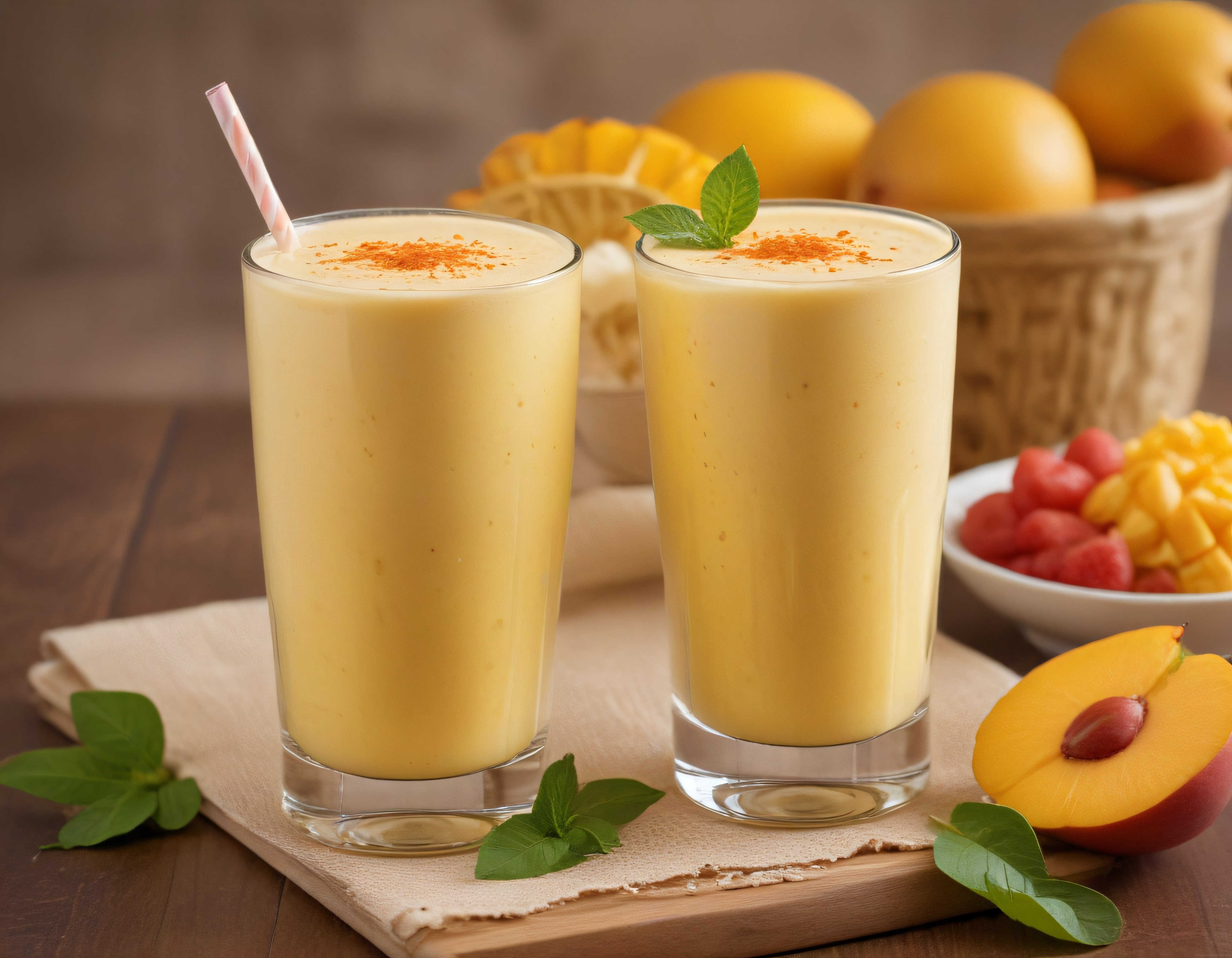 Cam Bardakta Ev Yapımı Mango Smoothie ve Taze Meyveli İçecek Sunumu