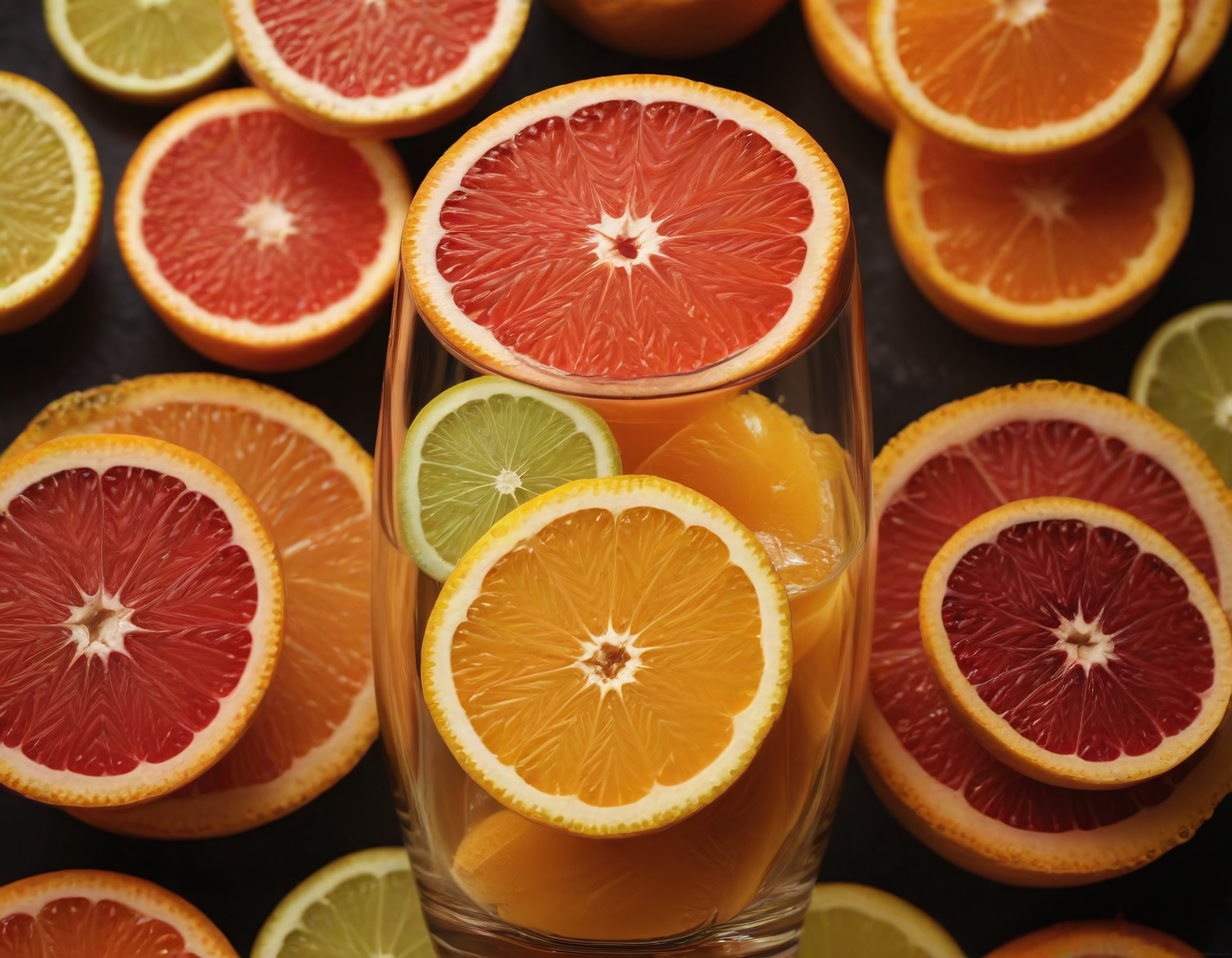 Cam bardakta greyfurt portakal ve limon dilimleriyle vitamin dolu içecek