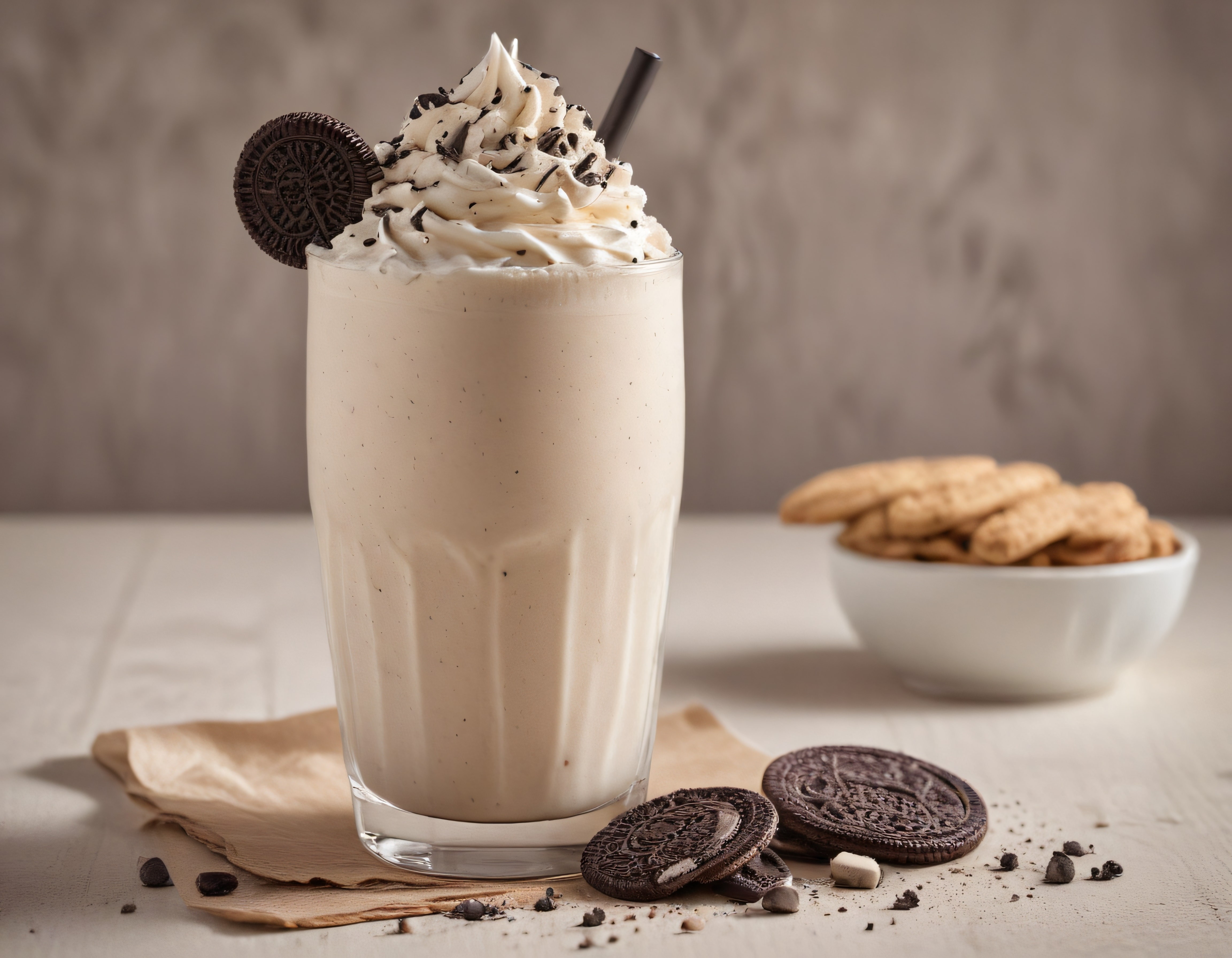 Cam Bardakta Kremalı Oreo Milkshake ve Kurabiye ile Süslenmiş Tatlı İçecek