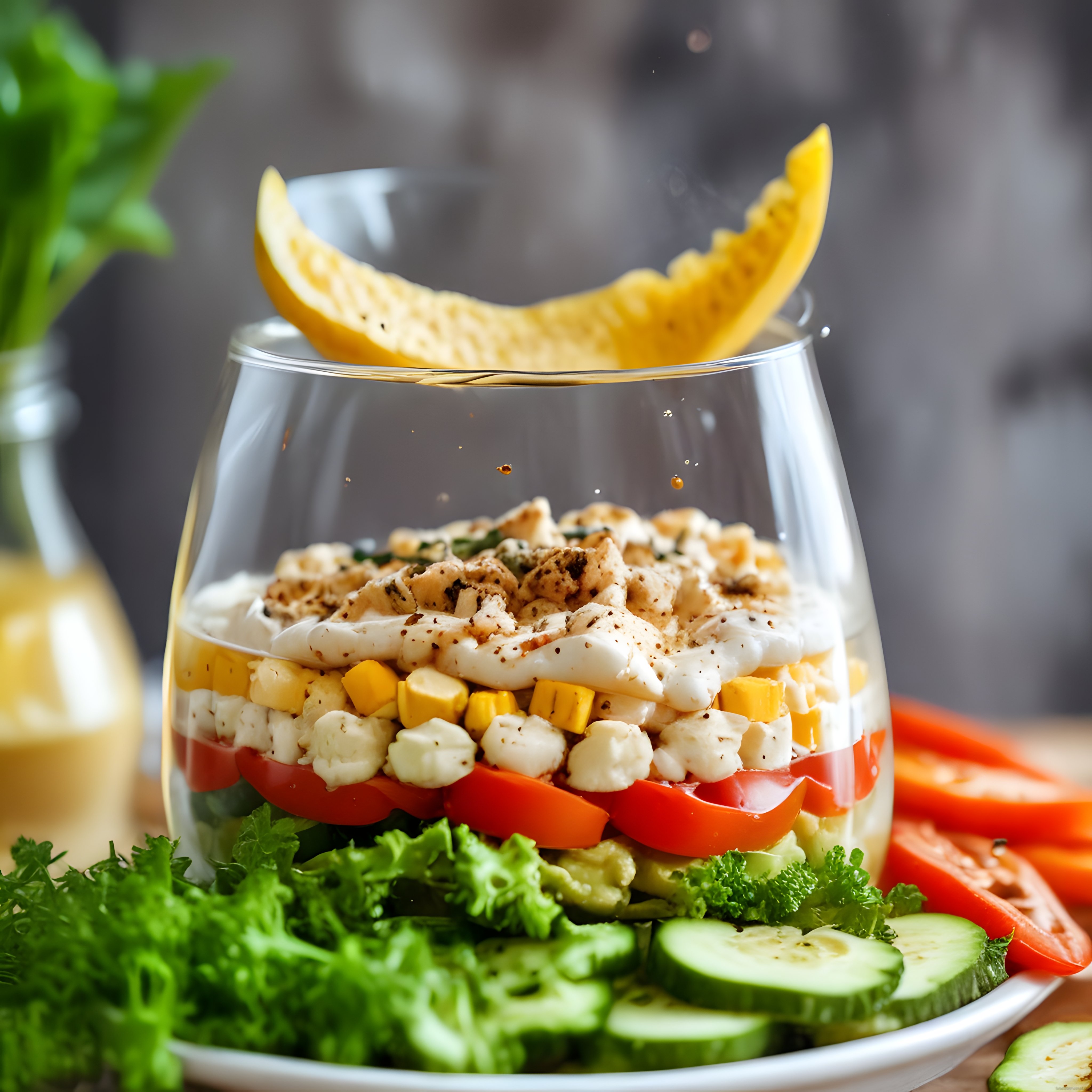 Cam Bardakta Renkli Katmanlı Tavuklu Salata ve Limon Sosu Sıçratma Anı
