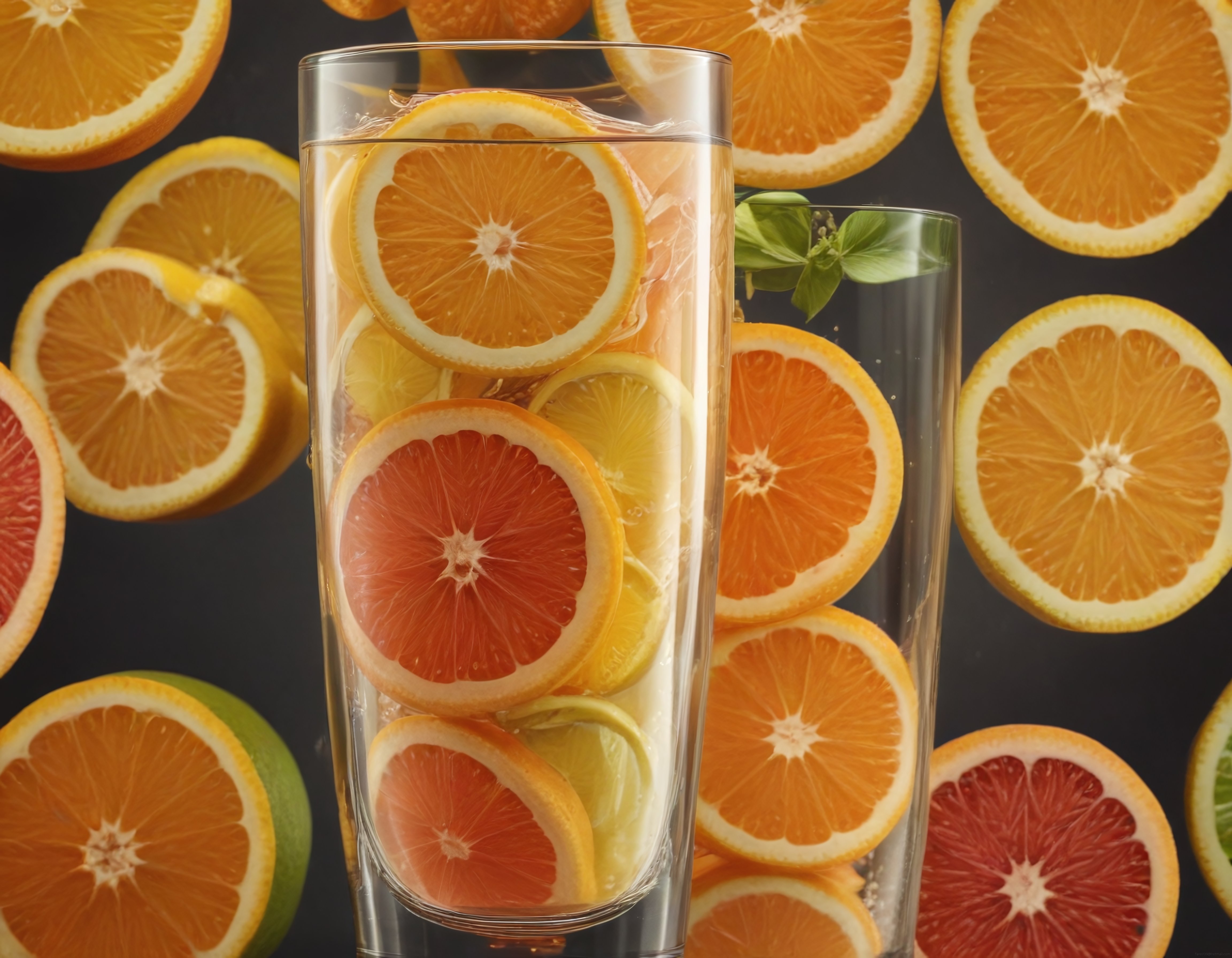 Cam Bardakta Taze Portakal ve Greyfurt Dilimli Vitaminli Detoks Suyu
