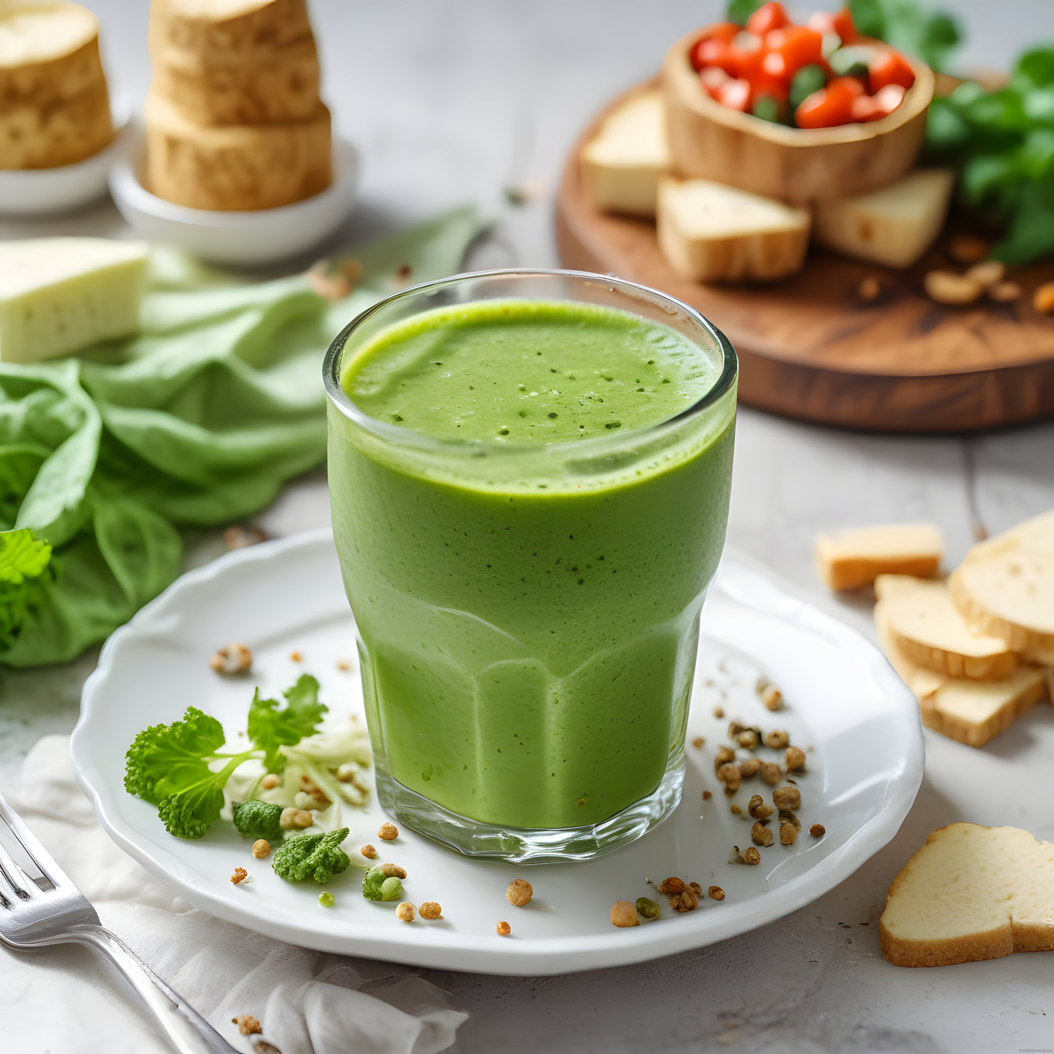 Cam bardakta yeşil detoks içeceği ve tabaktaki sağlıklı atıştırmalıklar