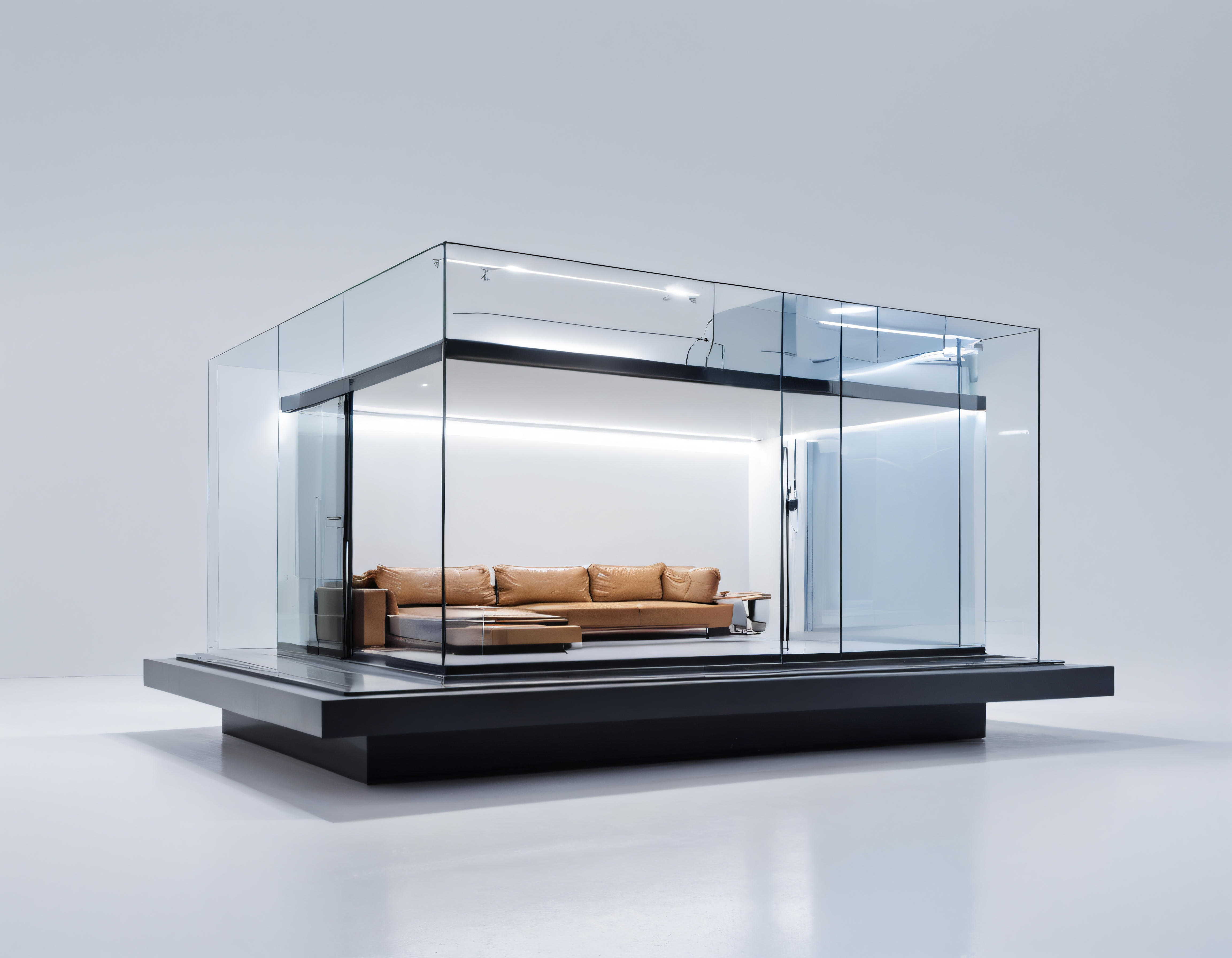 Cam Bir Kutu İçindeki Modern Kanepe: Minimalist Mimari ve Şeffaf Tasarım