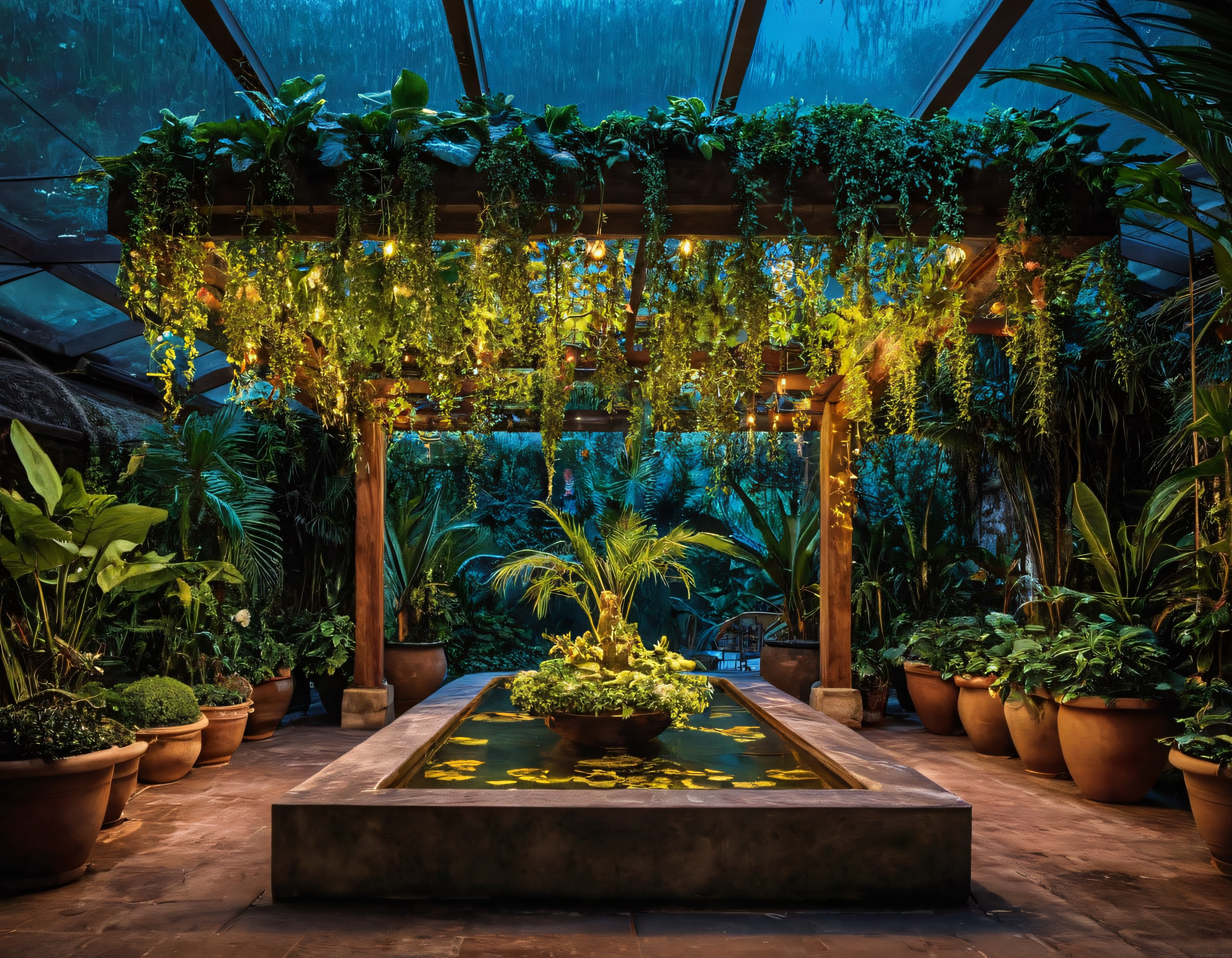 Cam çatı altında yağmurlu tropik bir gece ışıklı sarmaşık pergola ve iç havuz