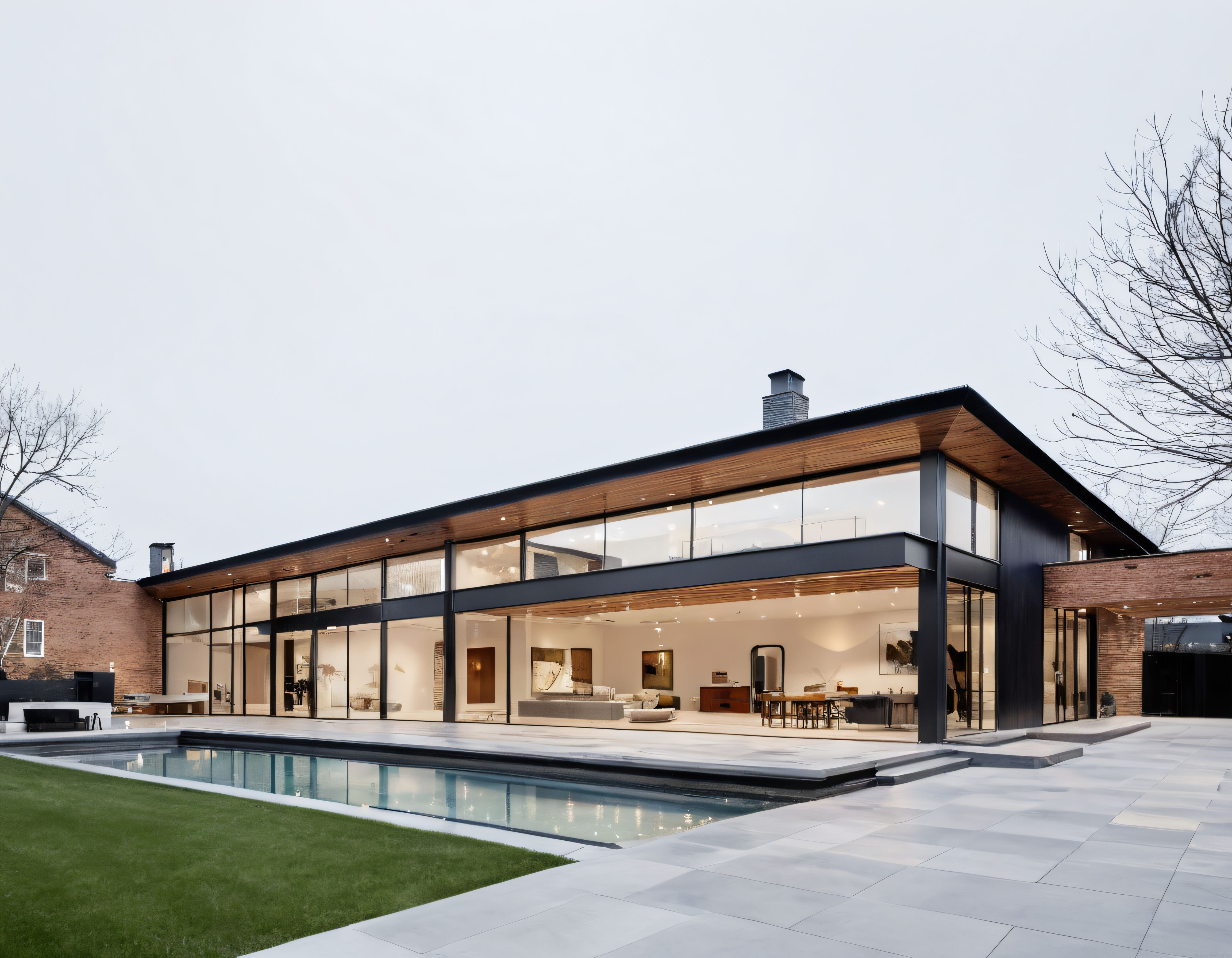 Cam Cepheli Ahşap Detaylı Modern Lüks Villa ve Yüzme Havuzu Manzarası
