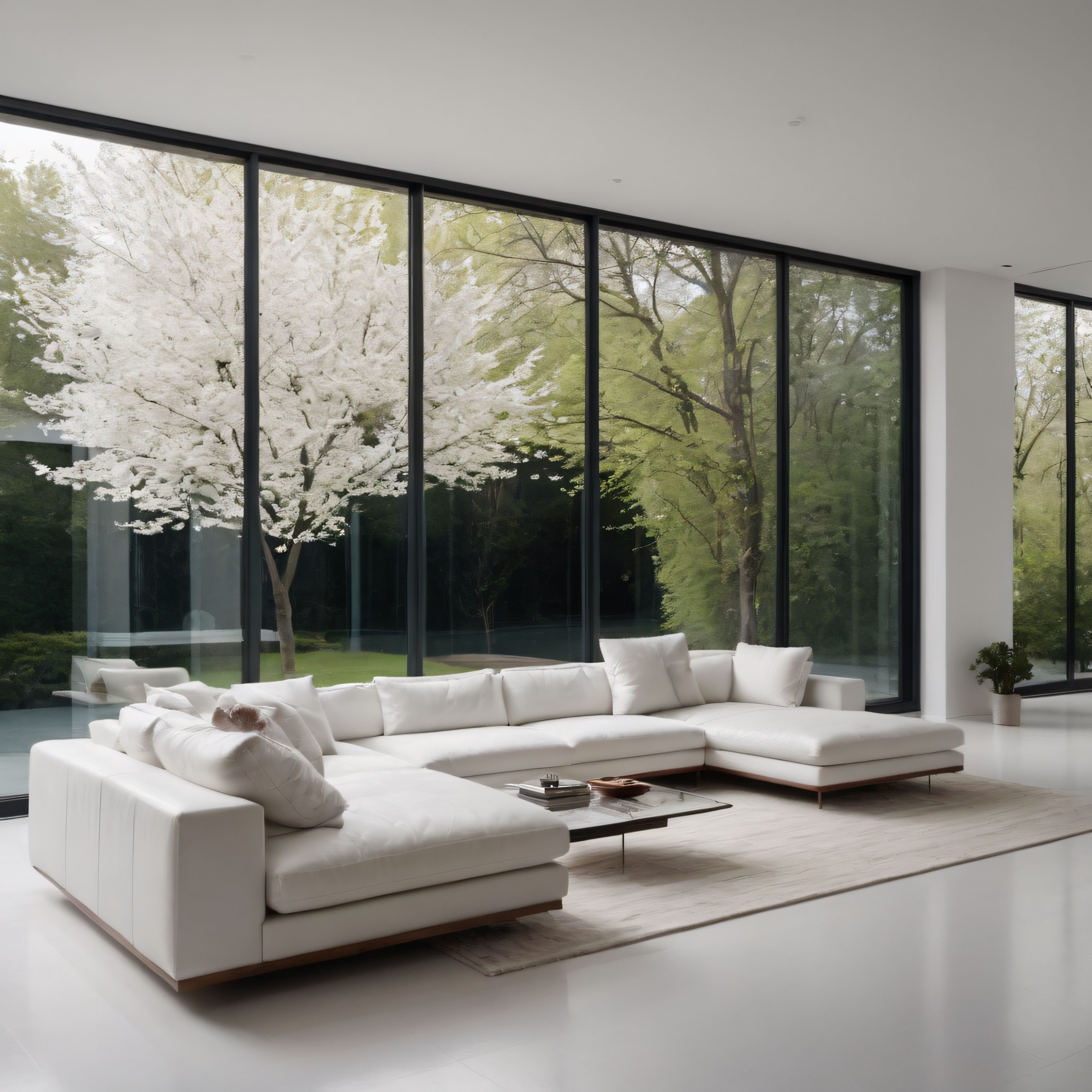 Cam Cepheli Lüks Villa İç Mekanı: Yeşillikler İçinde Minimalist Oturma Odası