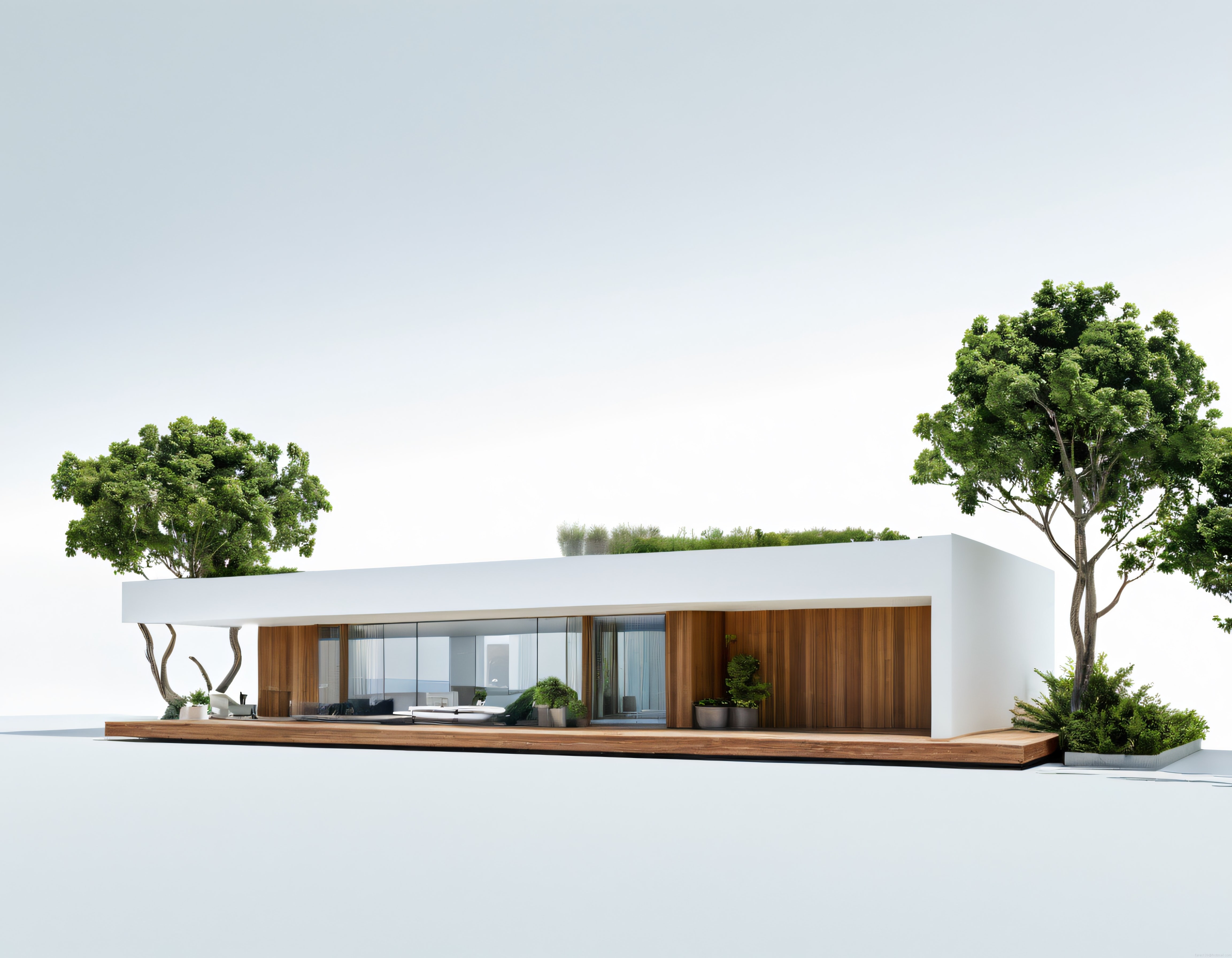 Cam Cepheli ve Ahşap Detaylı Minimalist Villa: Yeşil Çatılı Ekolojik Ev