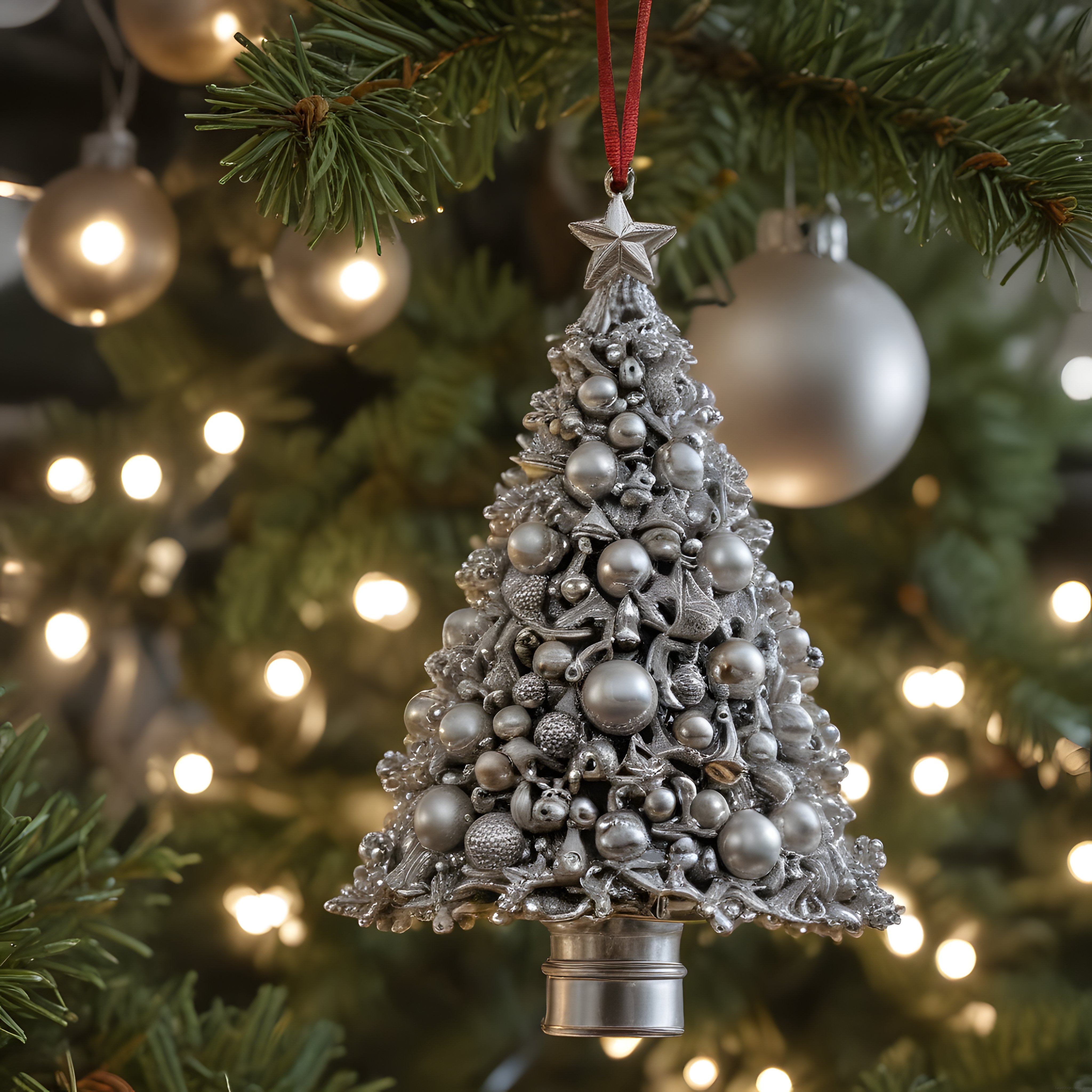 Çam Dalında Asılı Gümüş Noel Süsü ve Işıltılı Yılbaşı Atmosferi