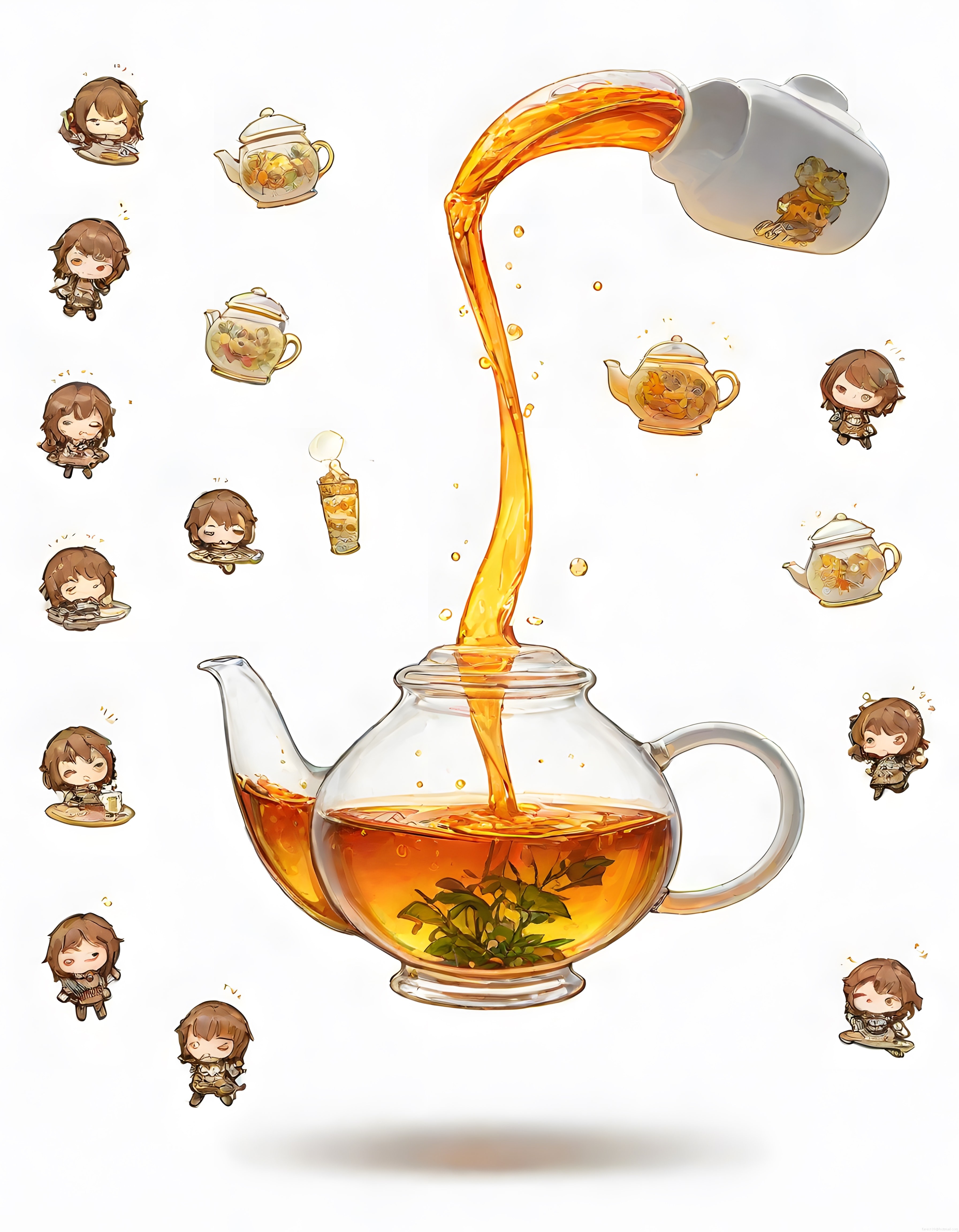 Cam demlikte bitki çayı ve etrafında süzülen sevimli chibi anime karakterleri