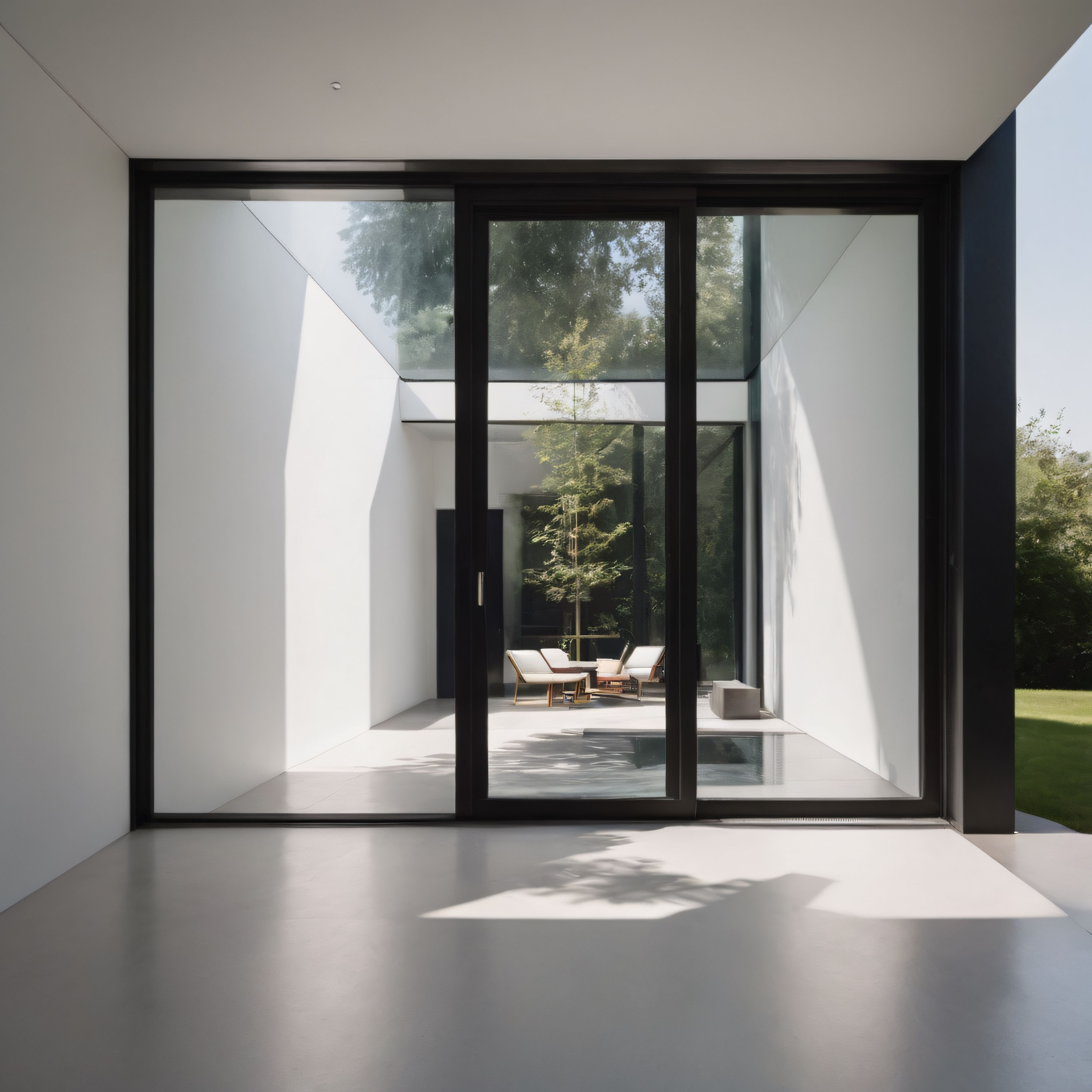 Cam Duvarlarla Çevrili Minimalist Lüks Ev İç Mekanı ve Yeşil Avlu Manzarası