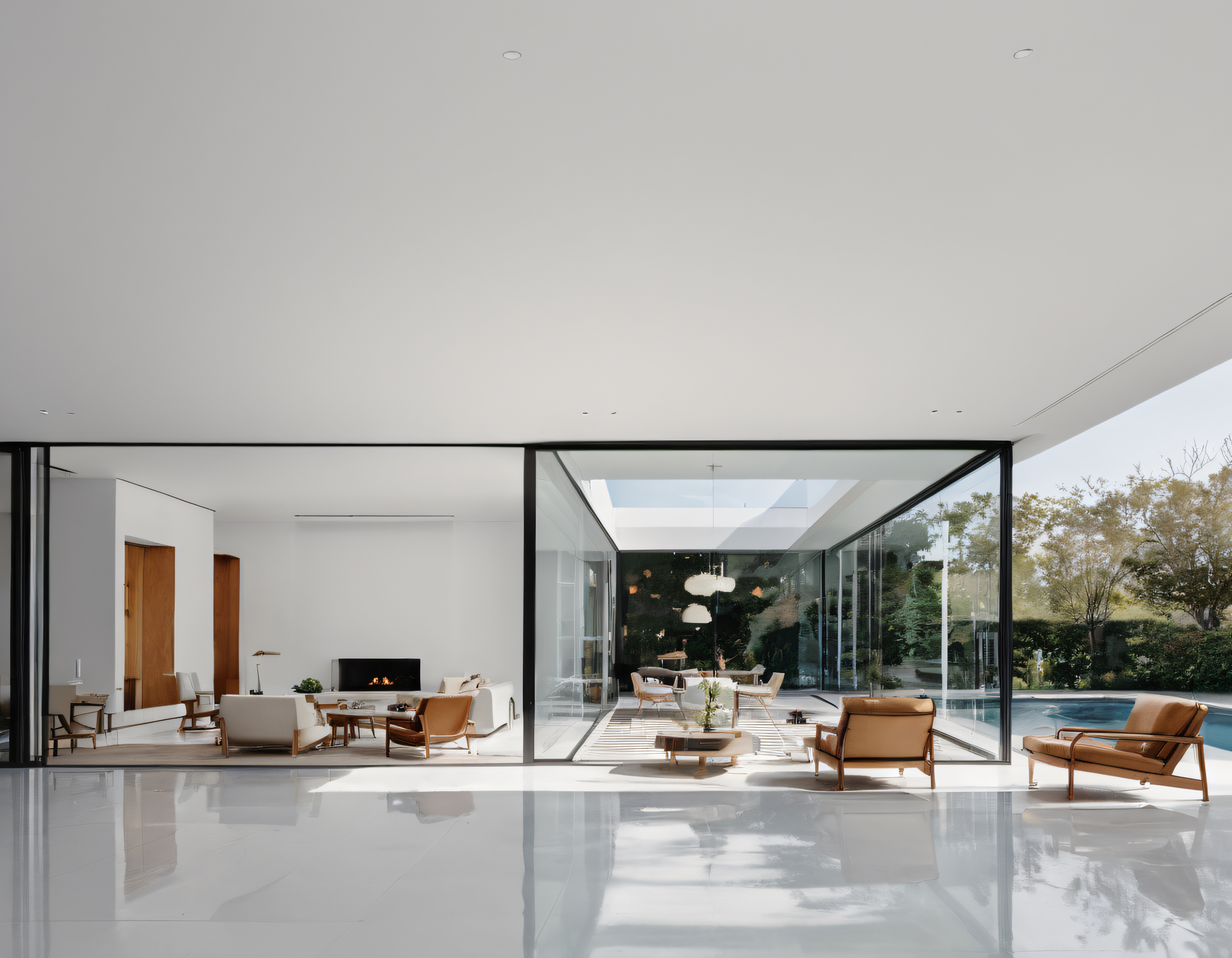 Cam Duvarlı Modern Villa: Şömineli Salon ve Havuz Manzaralı Avlu