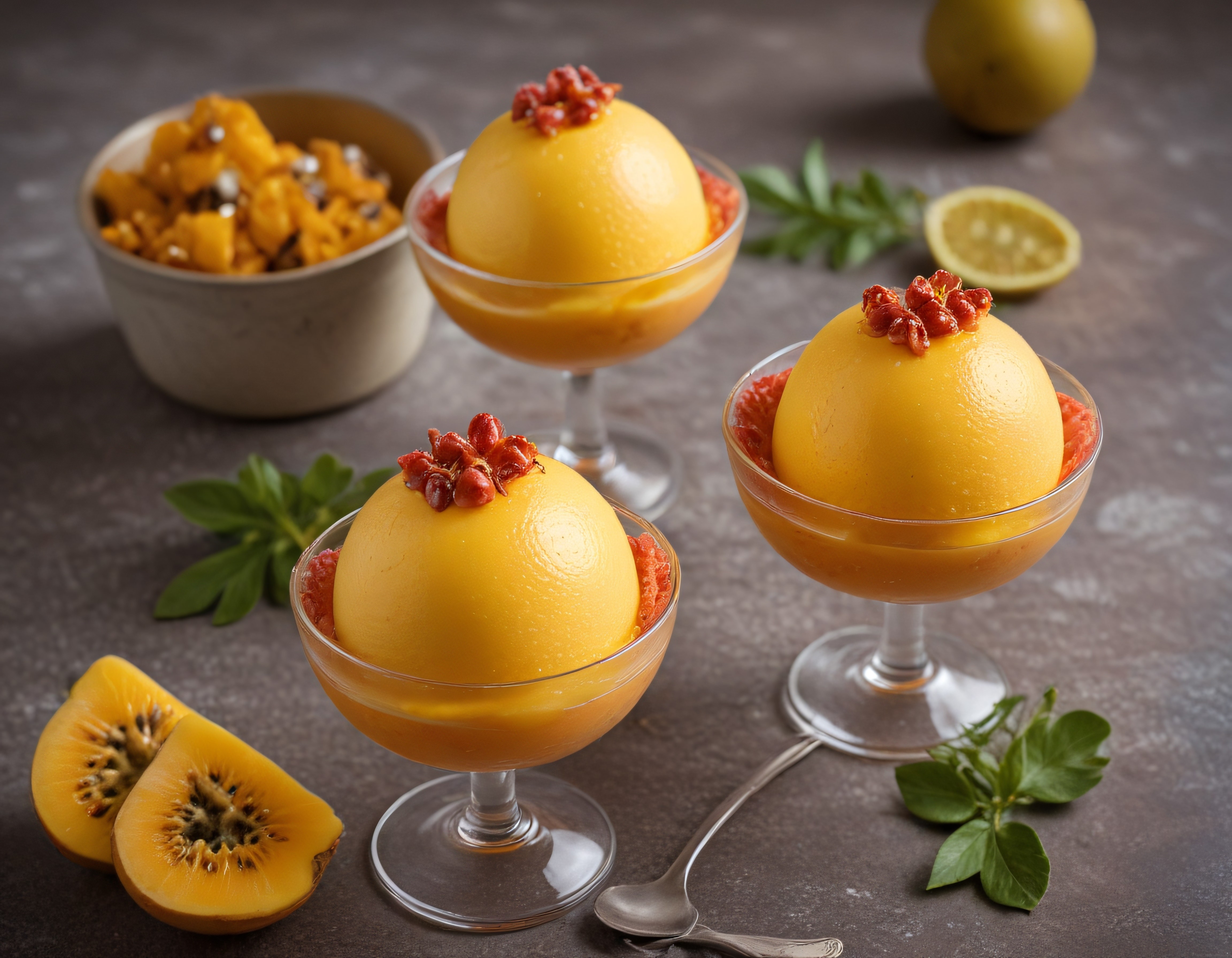 Cam Kadehlerde Mango Sorbe Tatlısı Kırmızı Meyve ve Altın Kivi ile Sunum